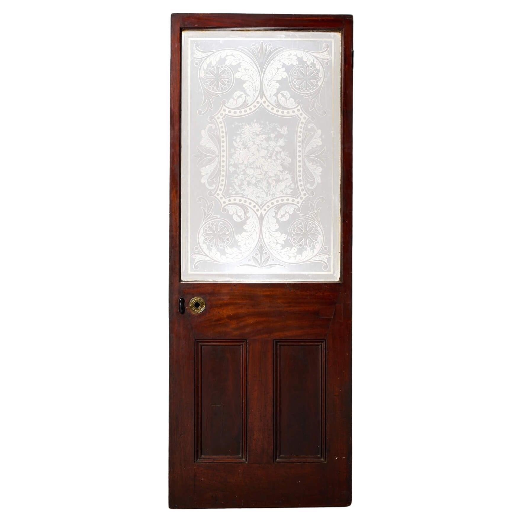 Victorian Mahogany Acid Etched Glass Door For Sale