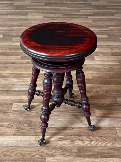 Victorian Mahogany Adjustable Piano Stool w/ Ball & Claw Glass Feet