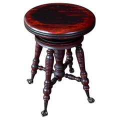 Victorian Mahogany Adjustable Piano Stool w/ Ball & Claw Glass Feet