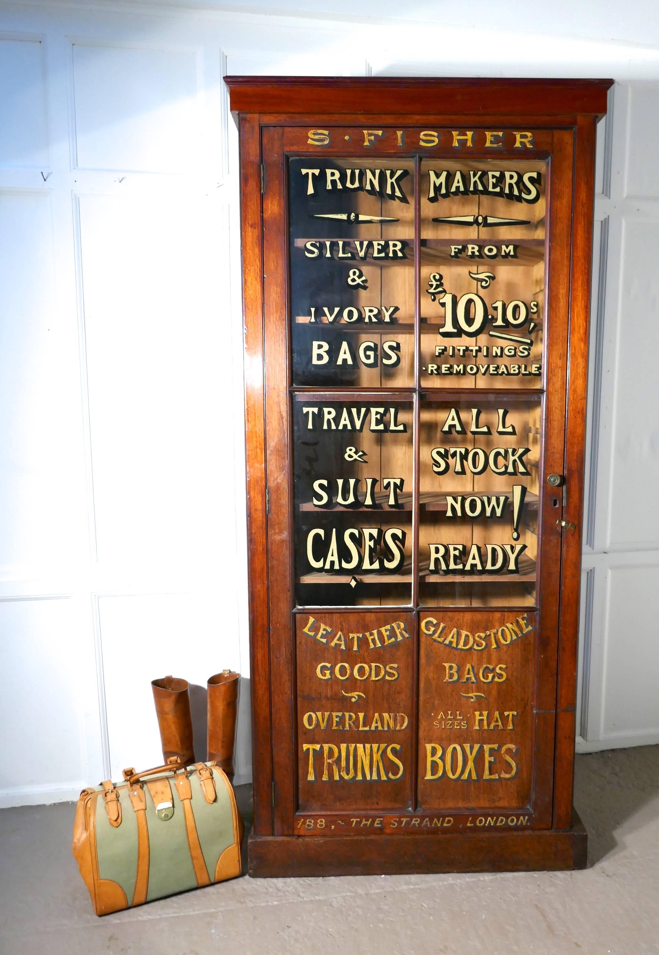 A Victorian mahogany advertising shop display cupboard 

This shelved cupboard or bookcase has painted decoration on the Glass door advertising S Fisher of the Strand London
The Gold and Shadowed Lettering tells of all manner of the handmade