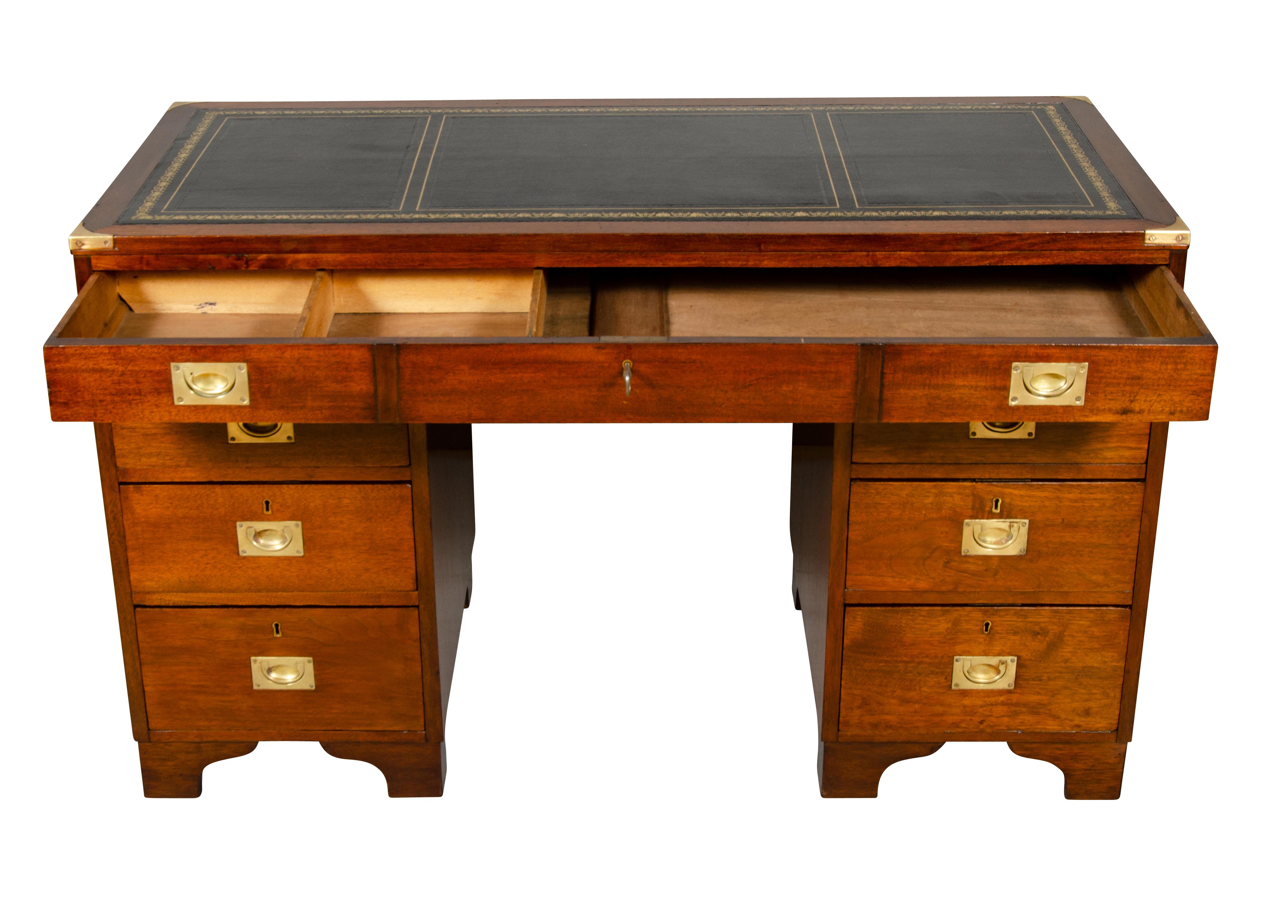 Late Victorian Victorian Mahogany and Brass Mounted Campaign Desk