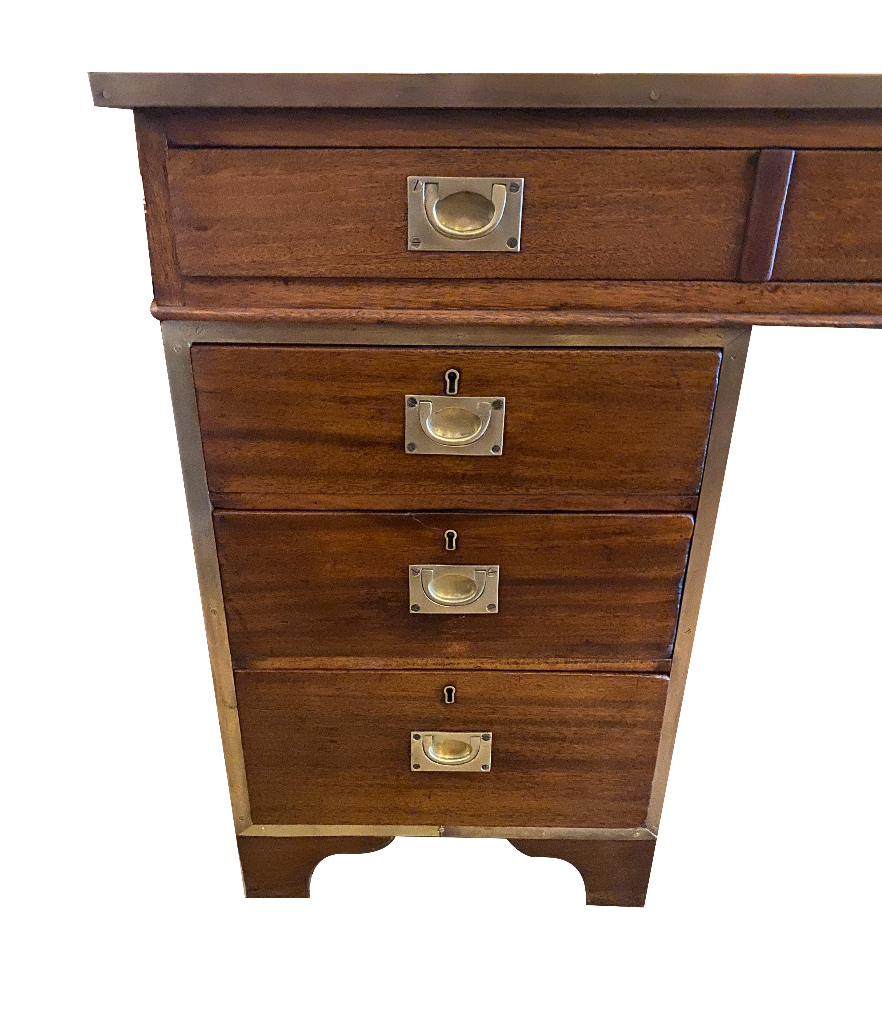 Victorian Mahogany and Brass Mounted Campaign Pedestal Desk In Good Condition In Essex, MA