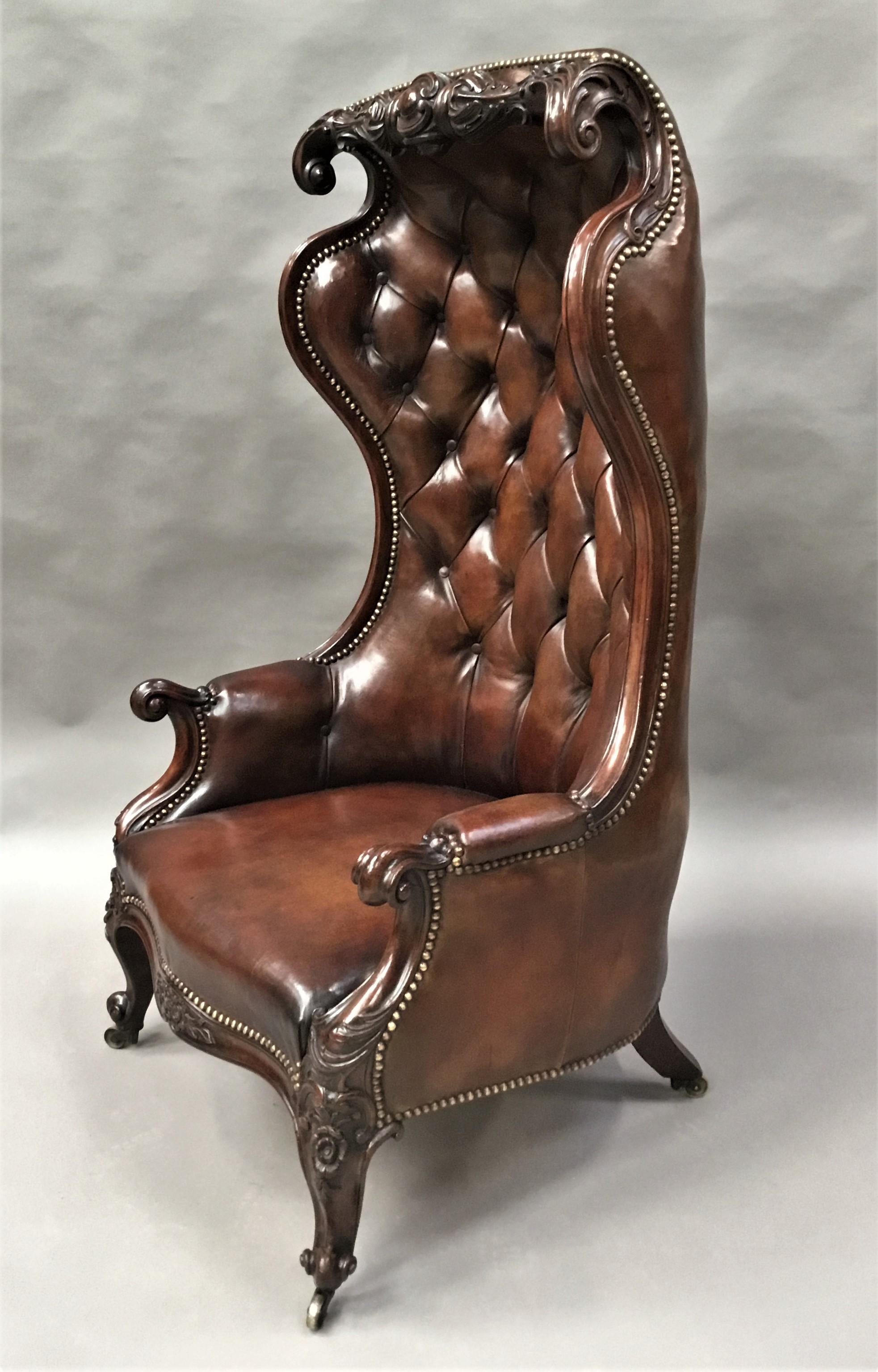 Victorian Mahogany and Leather Hall Porters Chair / Wing Chair In Good Condition For Sale In Moreton-in-Marsh, Gloucestershire