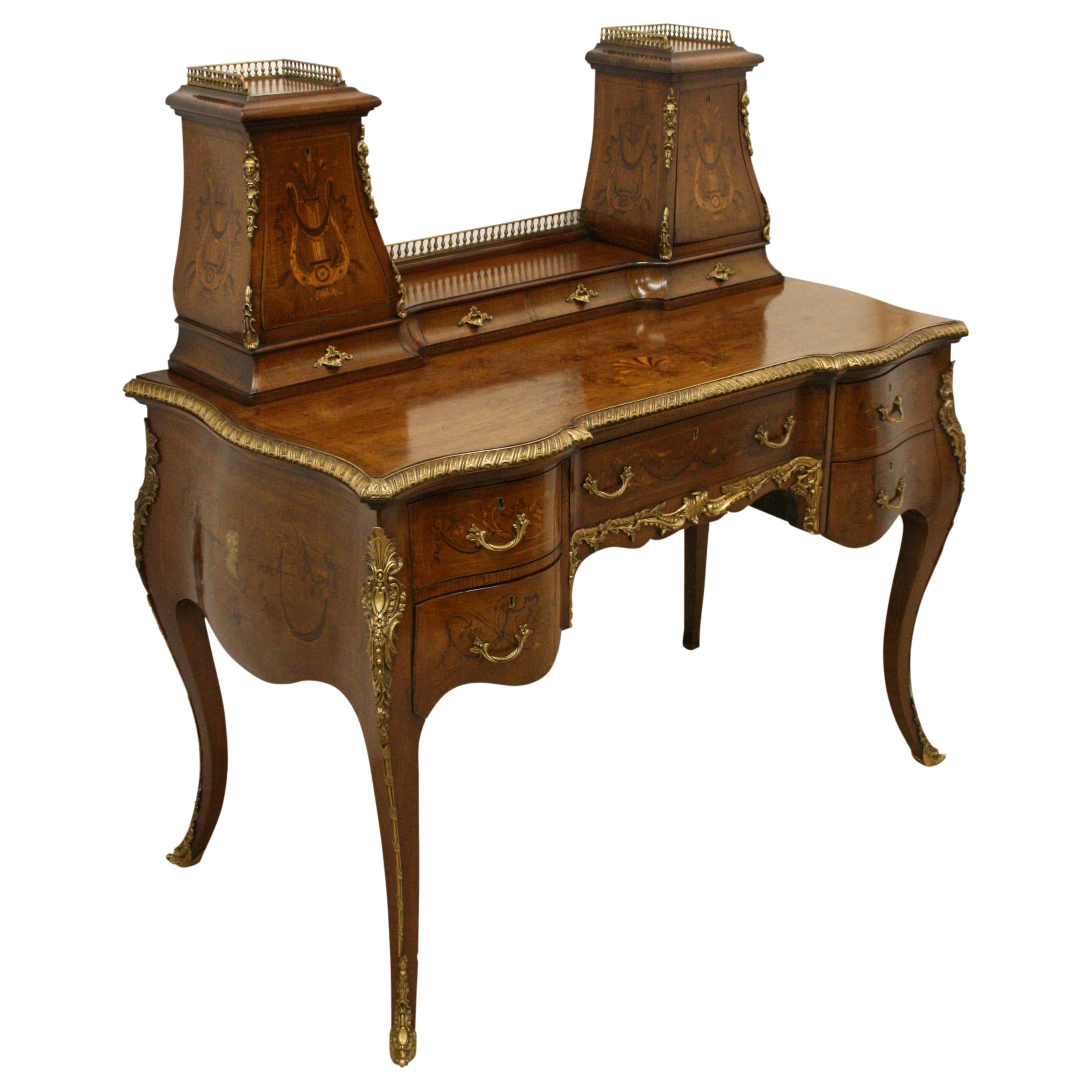 Victorian Mahogany and Marquetry Writing Desk by Edward Roberts For Sale