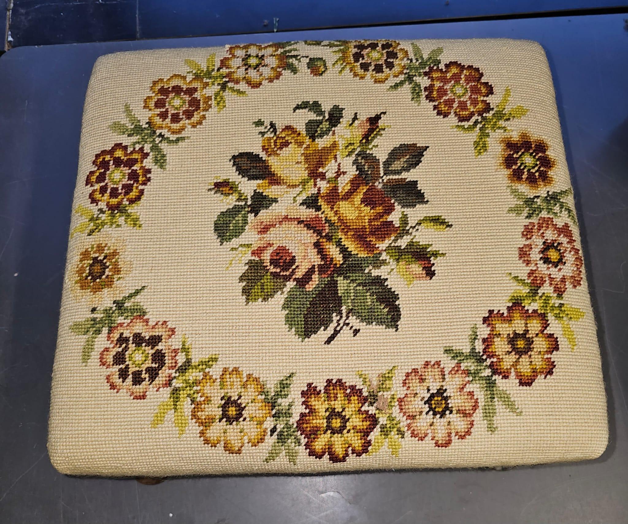 19th Century Victorian Mahogany and Needlepoint Upholstered Footstool For Sale