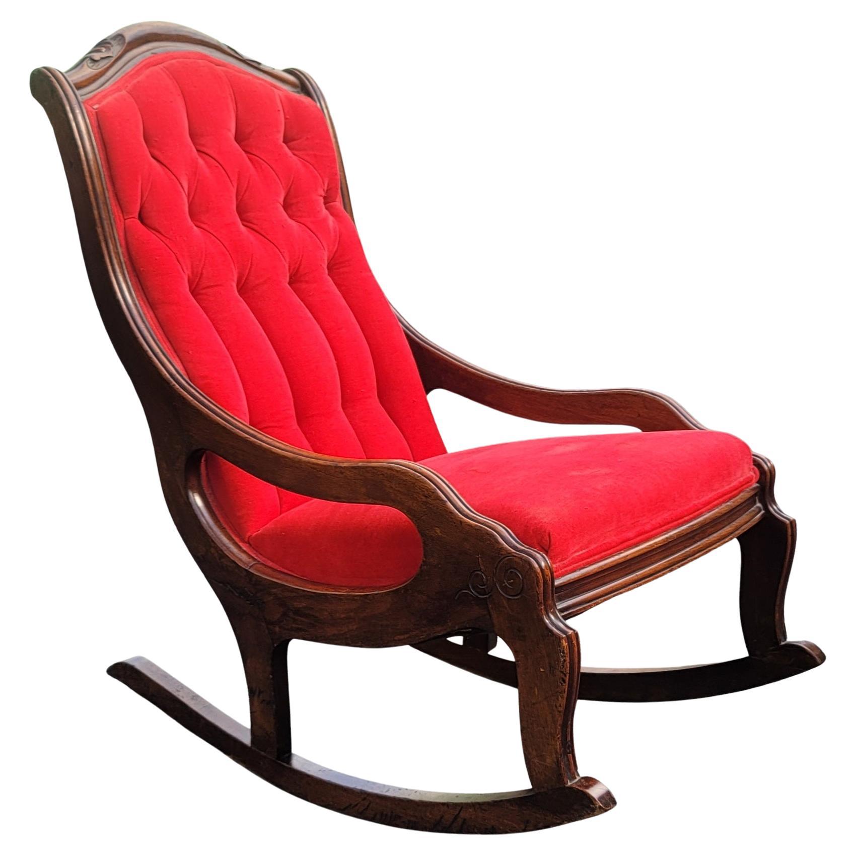 Victorian Mahogany and Tufted Velvet Upholstered Rocking Chair, Circa 1920s For Sale