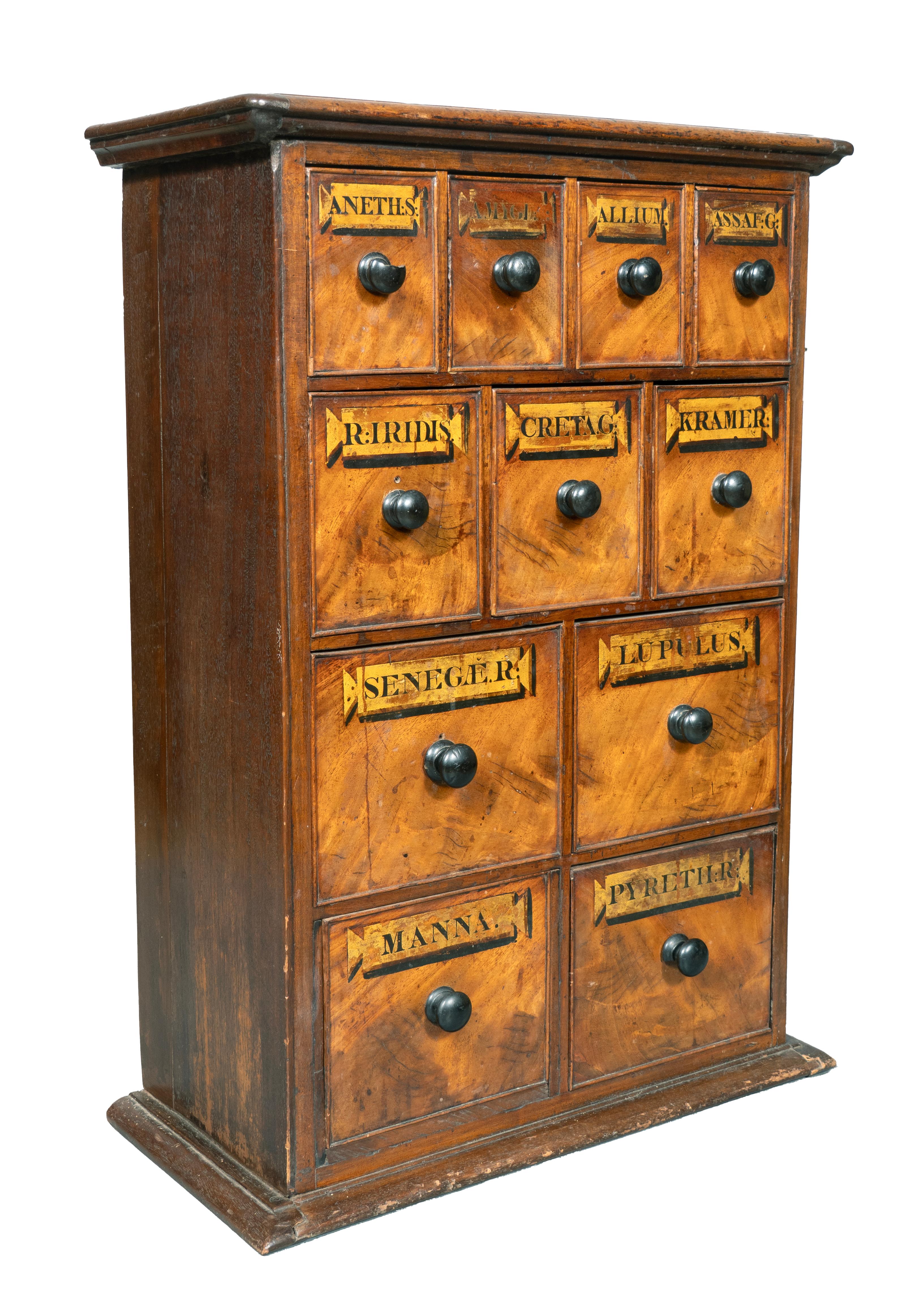 Small chest with eleven painted labelled drawers for different herbs and medicinal concoctions.