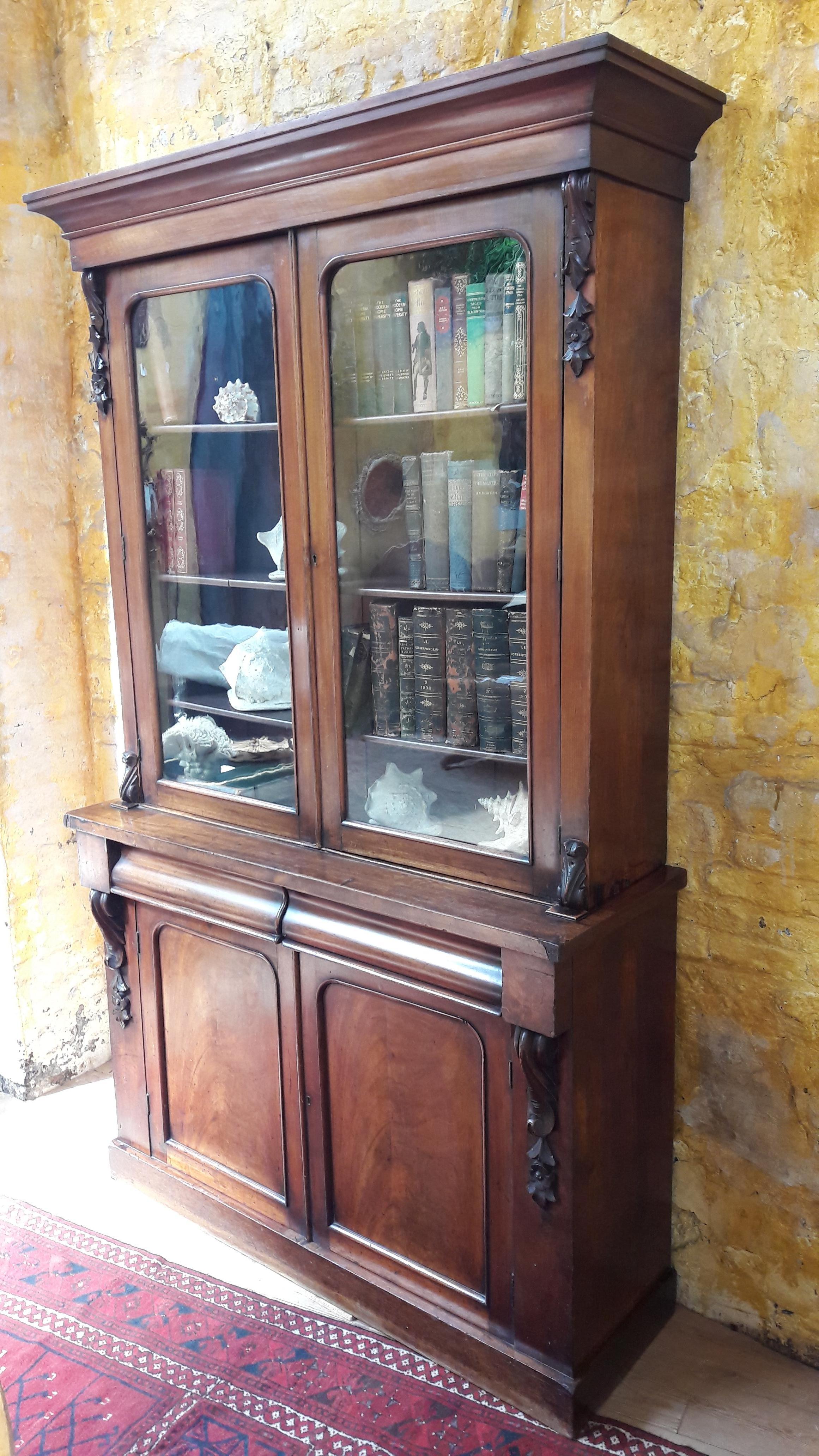 Elegant mid Victorian mahogany bookcase, circa 1850. Nice flower and leaves carvings in the corners. Can be used as a display cabinet.
The shelves are adjustable and this cabinet is in two pieces, easy to move.