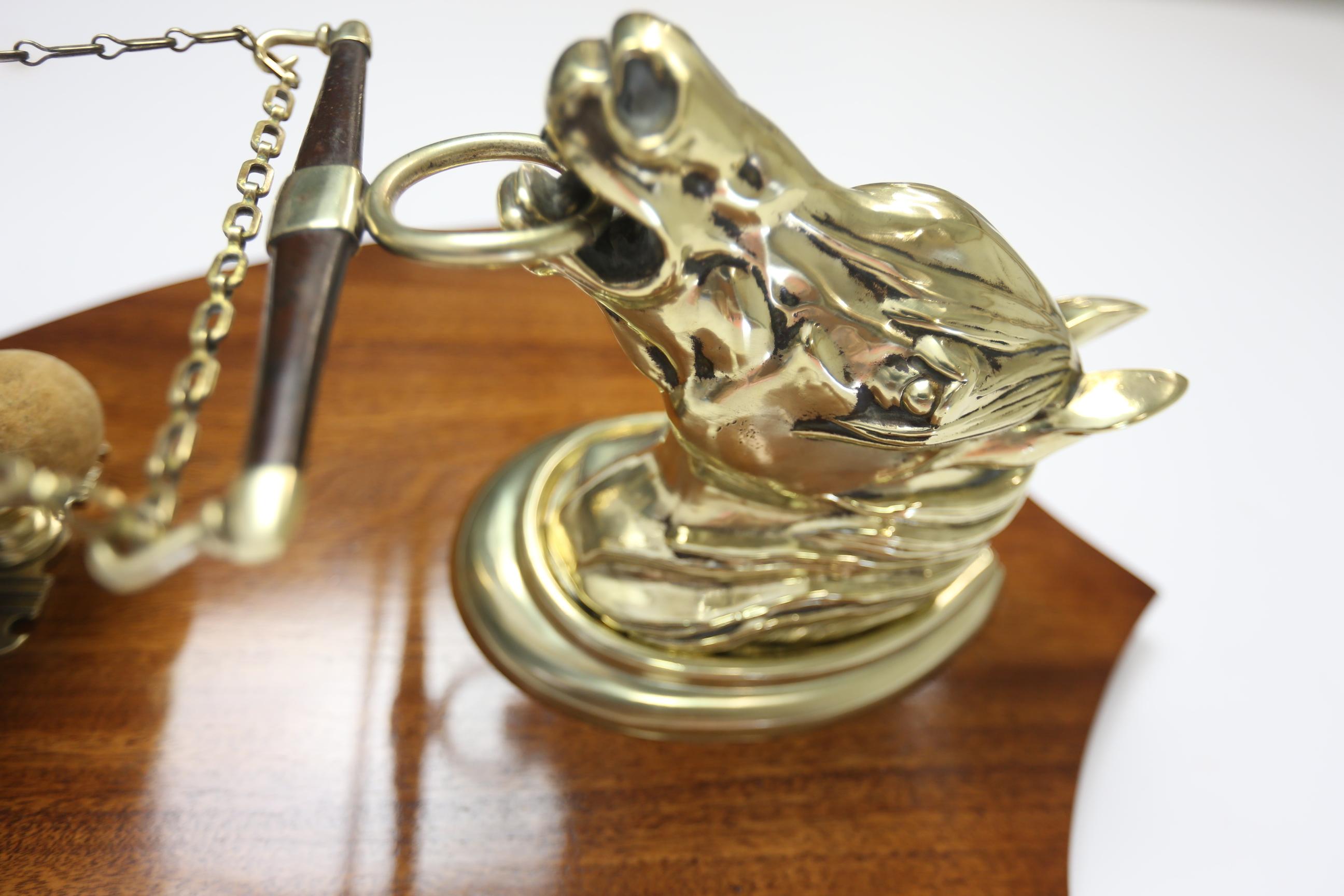 British Victorian Mahogany & Brass Horse head Wall Mounted Gong For Sale