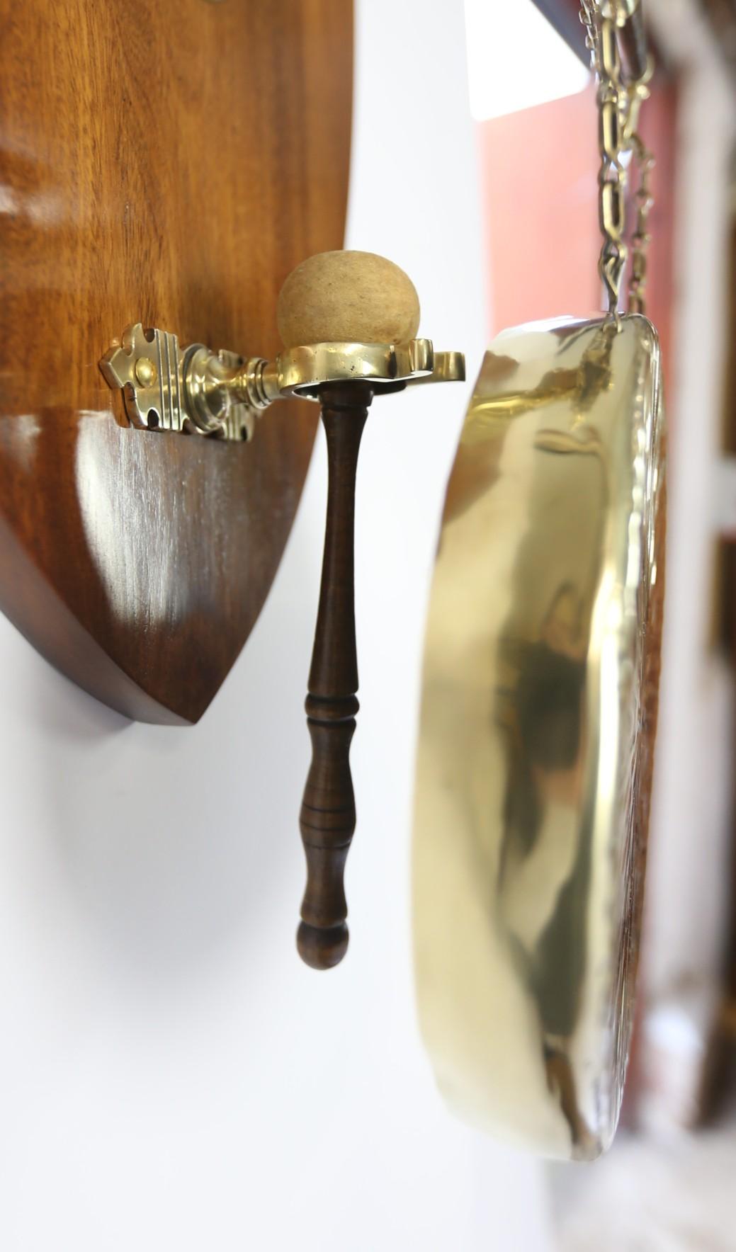 Glazed Victorian Mahogany & Brass Horse head Wall Mounted Gong For Sale