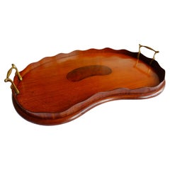 Victorian Mahogany Brass Scallop Top Kidney Shape Vanity Bar Serving Tray