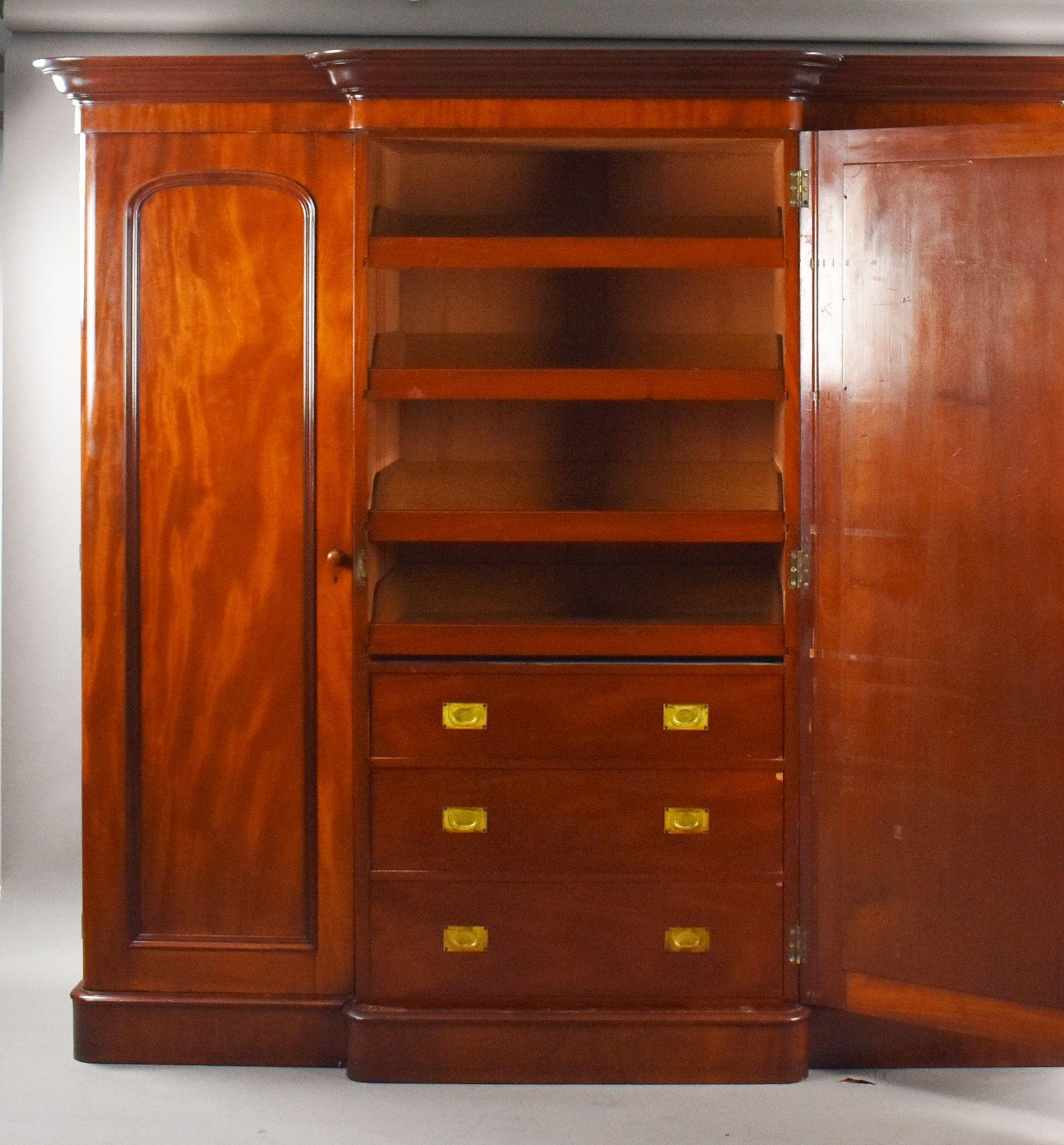 19th Century Victorian Mahogany Breakfront Triple Wardrobe For Sale