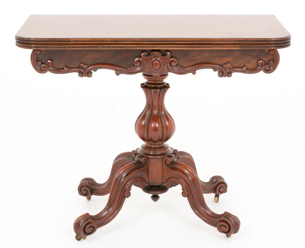 Victorian Mahogany Card Table.
circa 1860
This piece is of a high Victorian Design with carved shaped legs a bulbous fluted column, carved frieze and a fold over top.