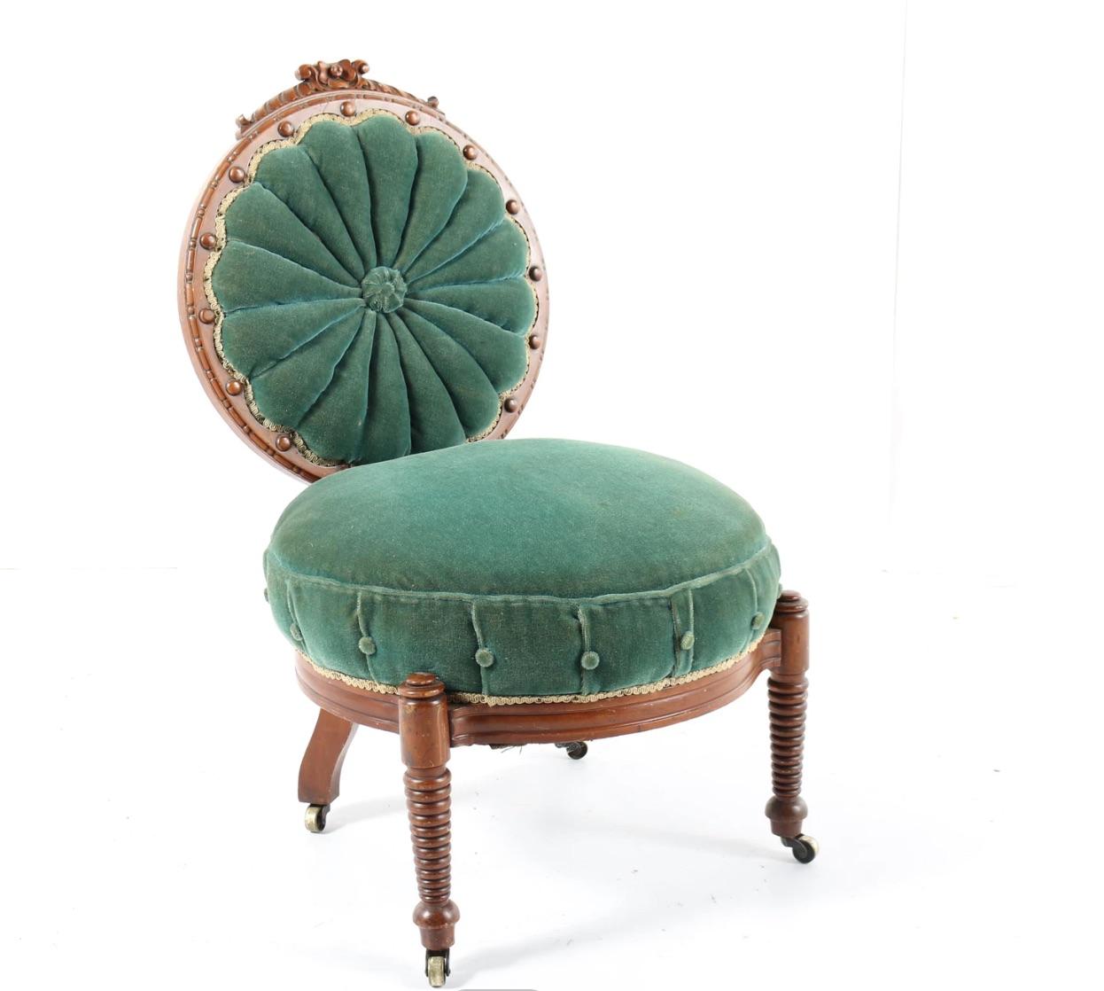 An incredibly Detailed Light Mahogany Carved Most Charming Green Velvet Chair with many old world refined details- 
An antique Victorian luscious emerald green velvet upholstered accent chair. This chair features a curved crest rail with carved