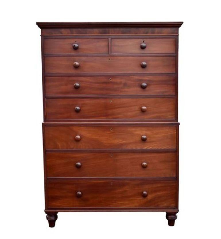 Victorian Mahogany Chest on Chest
Circa 1870
A fine Victorian mahogany chest on chest of classic form and excellent colour. The upper section comprises two short drawers over three long drawers, while the lower section features a further three long