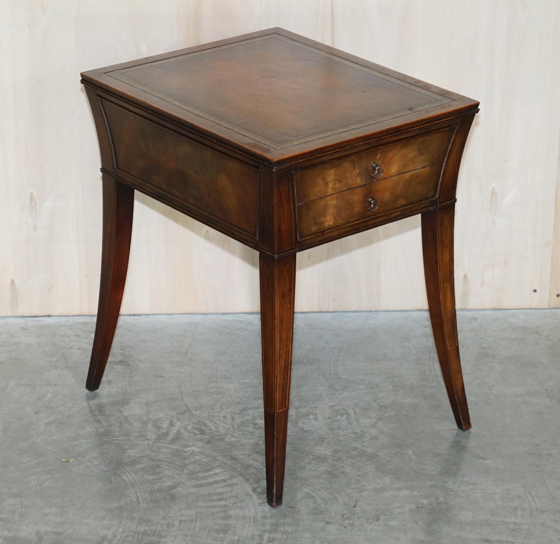 We are delighted to offer for sale this stunning Victorian hand made in England side end lamp or wine table with hand dyed, aged brown leather top.

A very good looking and utilitarian piece, it’s a nicely sized side table, you can easily fit and