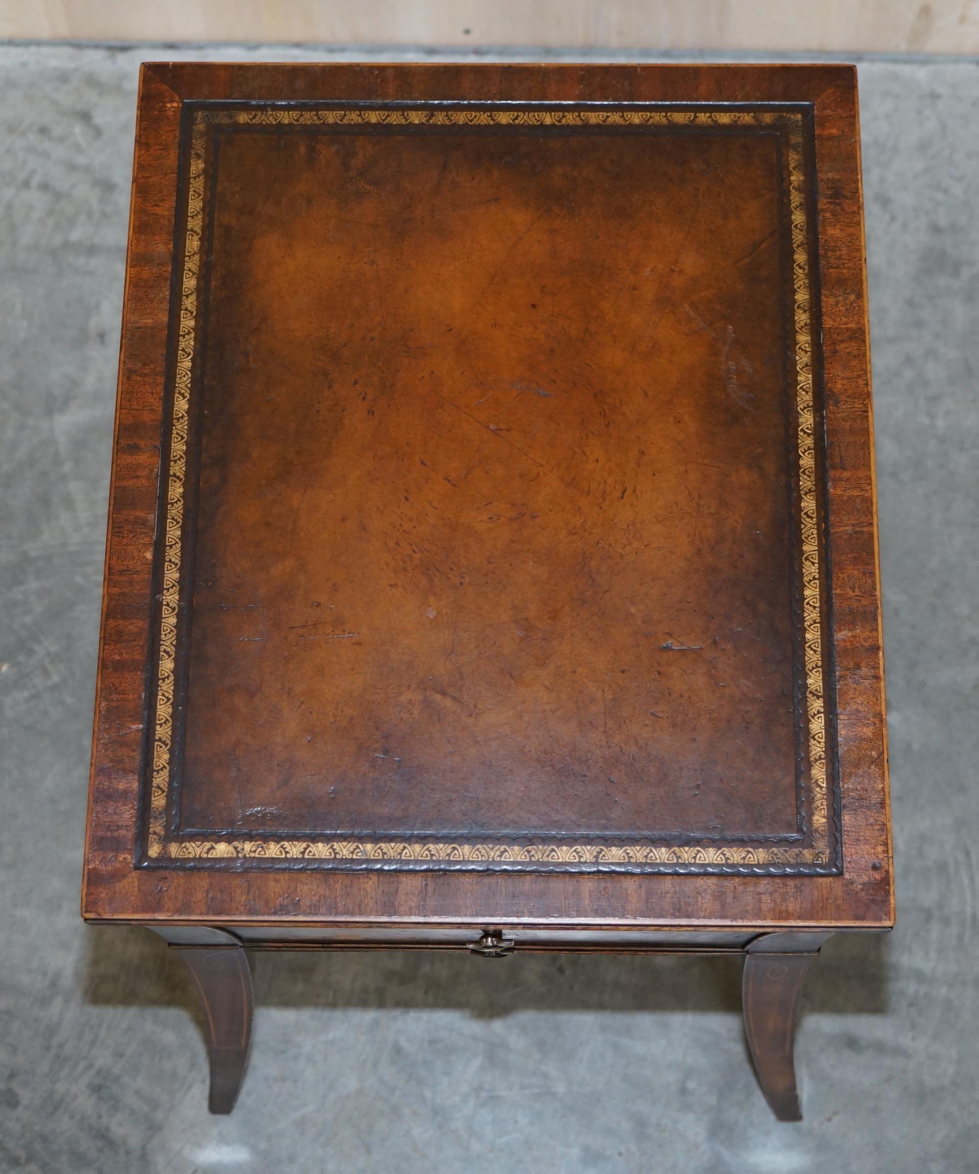 19th Century Victorian Hardwood Curved Single Drawer Side End Lamp Table Brown Leather Top For Sale