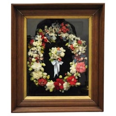 Antique Victorian Mahogany Deep Shadow Box Frame Felt Cotton Mourning Wreath Wall Art