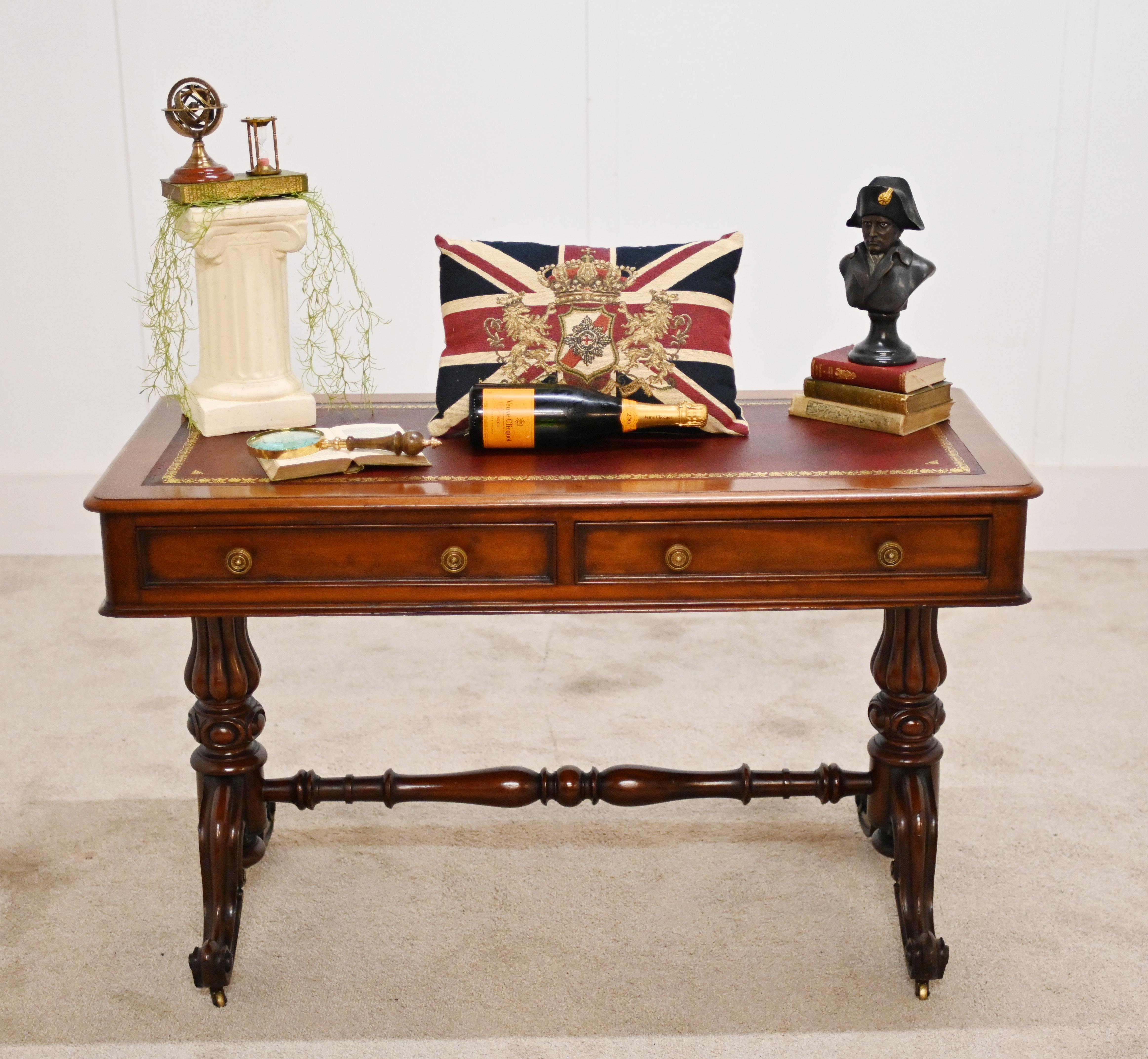 Victorian mahogany desk free standing on a stretcher base
Carved from mahogany with brass pull handles and a burgundy leather top with gold tooling
Circa 1880
Lovingly restored so in great condition, perfect for a stylish home office set up
Offered