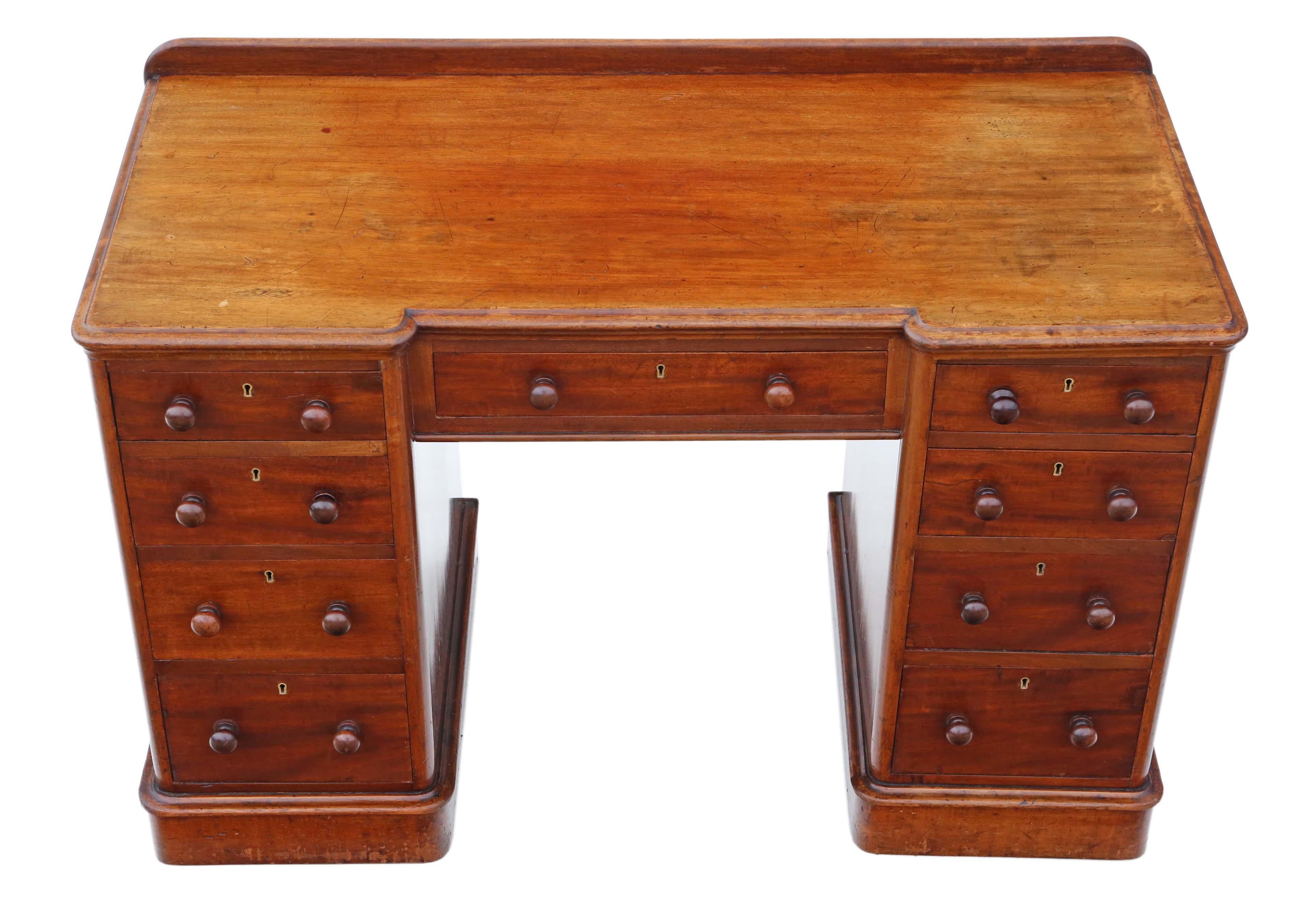 Antique quality Victorian mahogany desk writing dressing table twin pedestal.
This is a lovely quality piece that is full of age, charm and character. We have a key that fits all locks.
Solid, heavy and with no loose joints, a very rare find.
No
