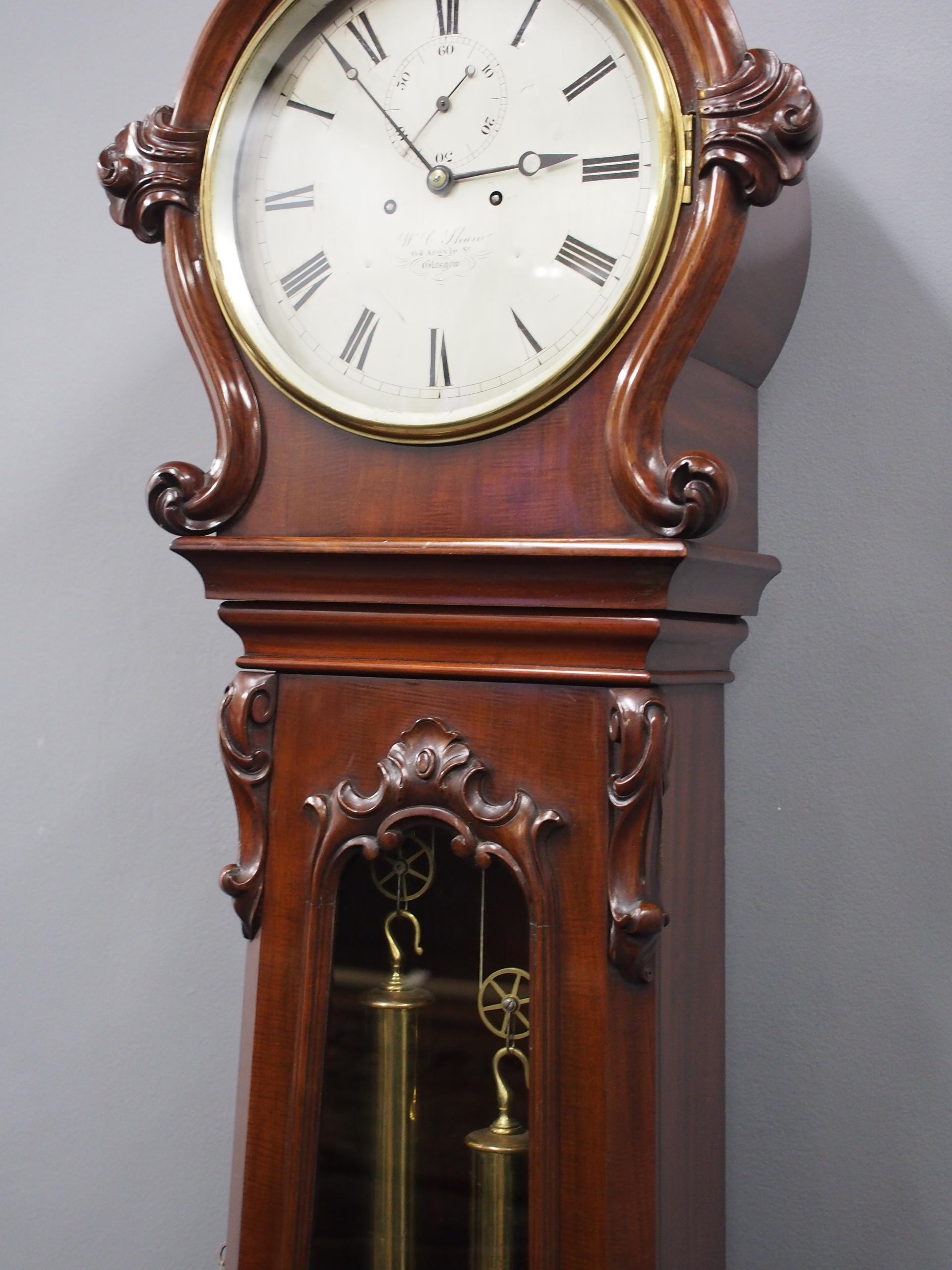 Victorian Mahogany Drum Head Longcase Clock by W. C. Shaw, Glasgow For Sale 2