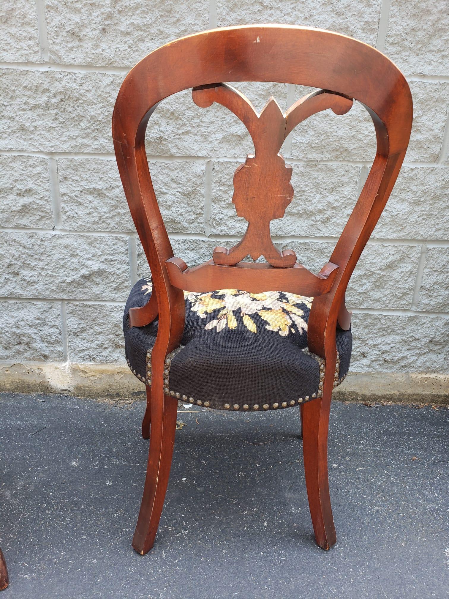 American Victorian Mahogany & Floral NeedlePoint Upholstered Chairs with NailHead Trims For Sale
