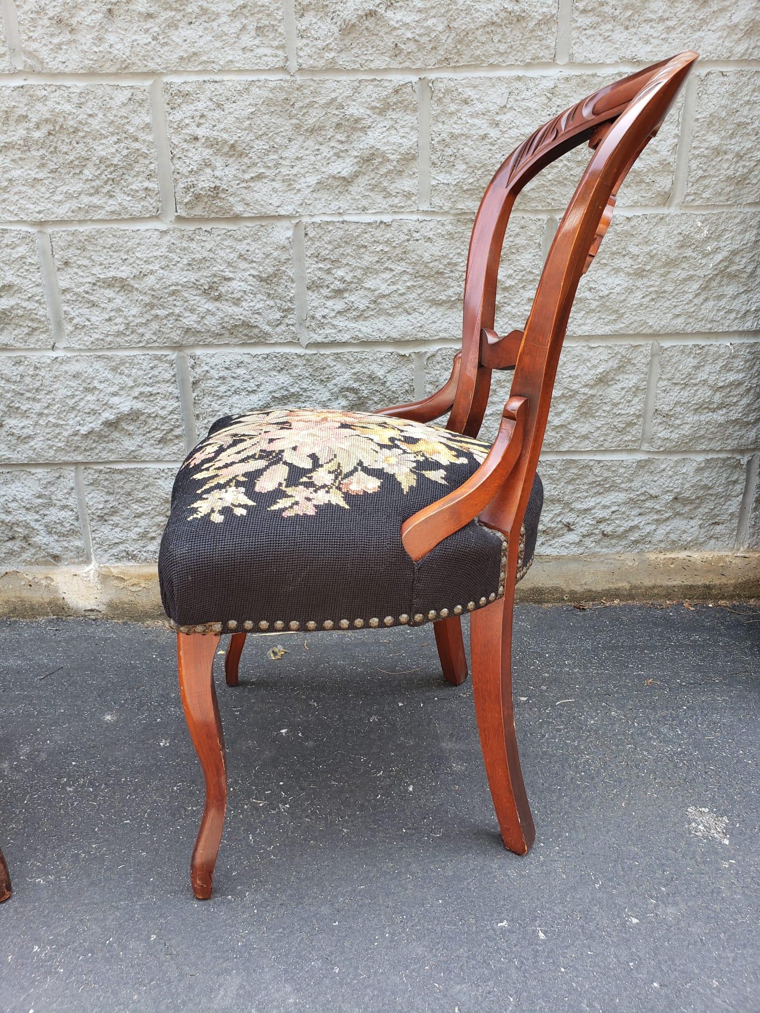 Needlework Victorian Mahogany & Floral NeedlePoint Upholstered Chairs with NailHead Trims For Sale