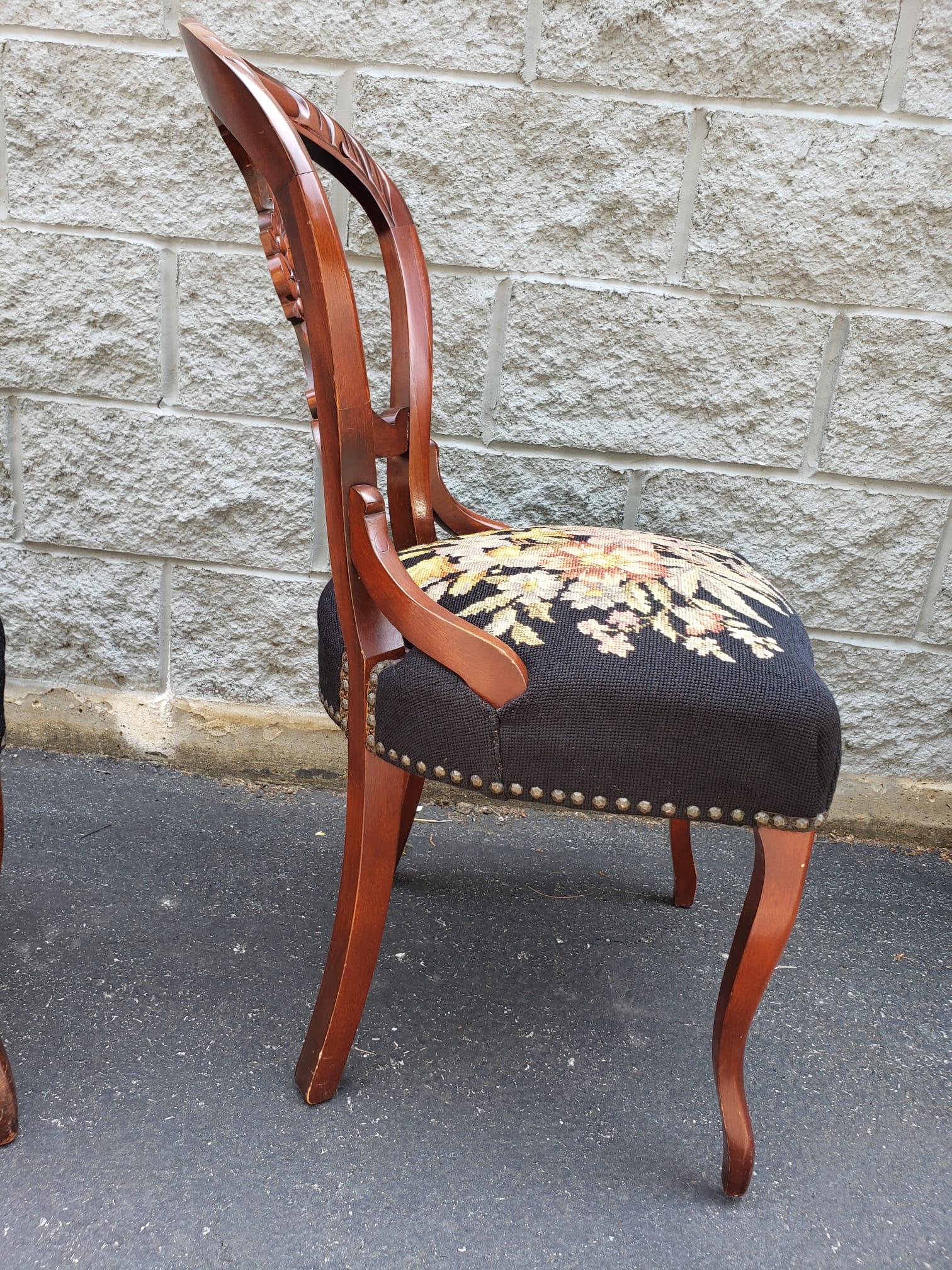 Victorian Mahogany & Floral NeedlePoint Upholstered Chairs with NailHead Trims In Good Condition For Sale In Germantown, MD