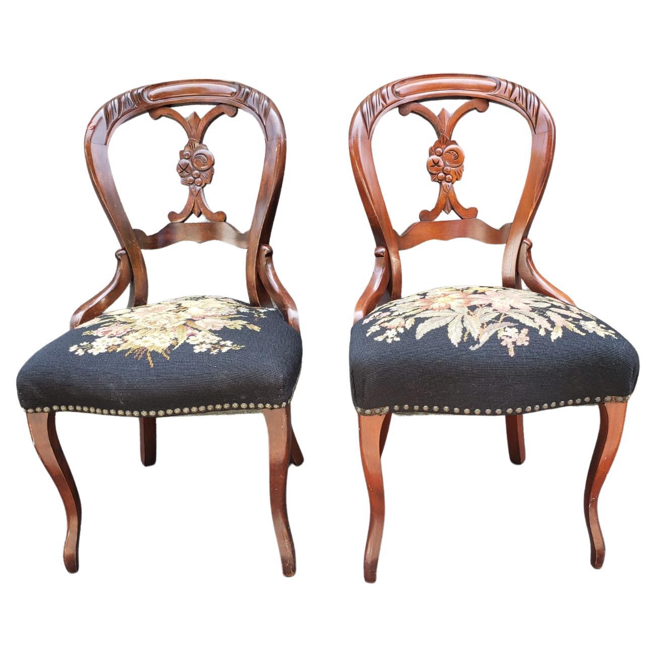 Victorian Mahogany & Floral NeedlePoint Upholstered Chairs with NailHead Trims For Sale