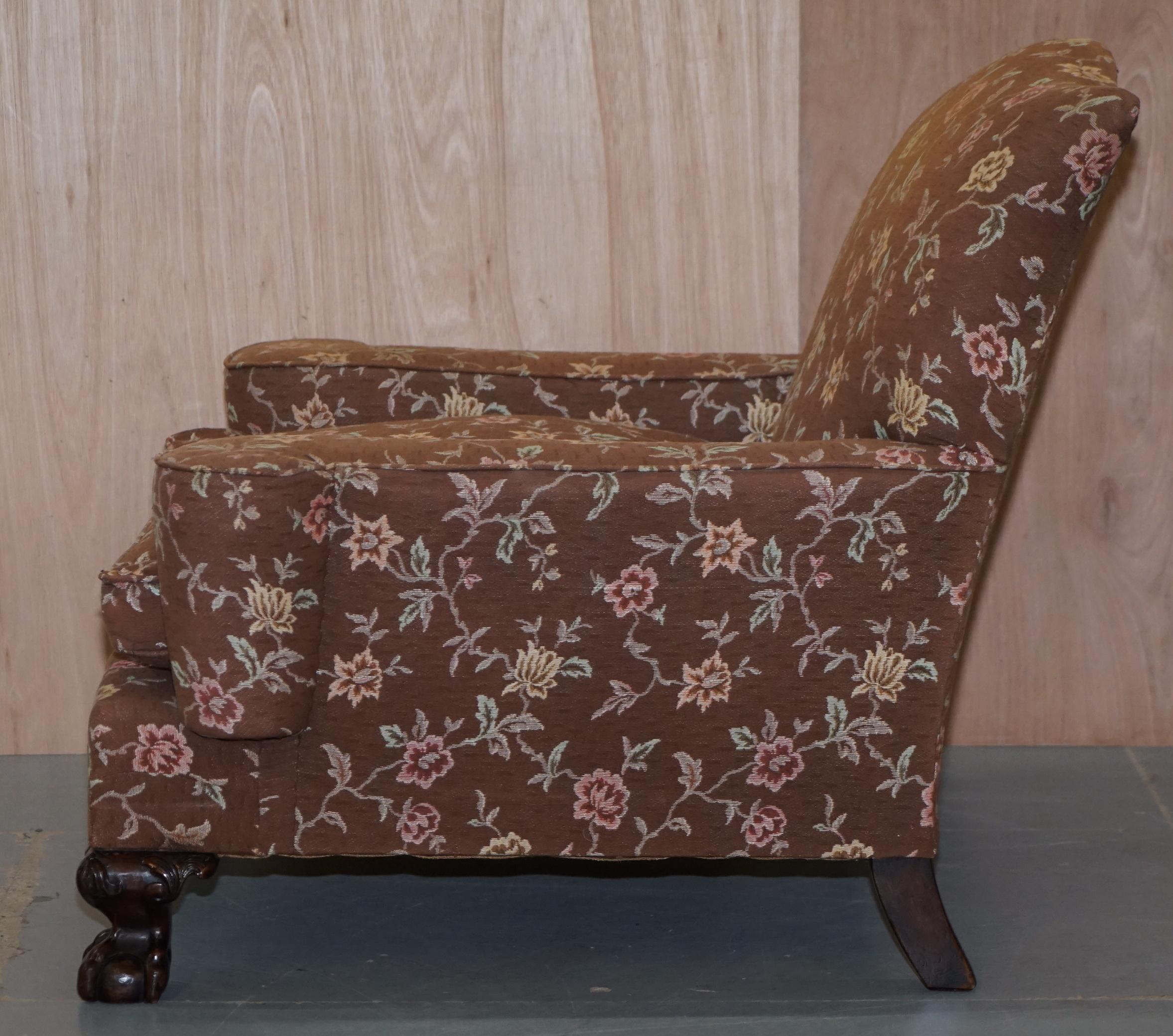 Victorian Mahogany Frame Claw & Ball Feet Library Club Armchair Floral Upholster 11