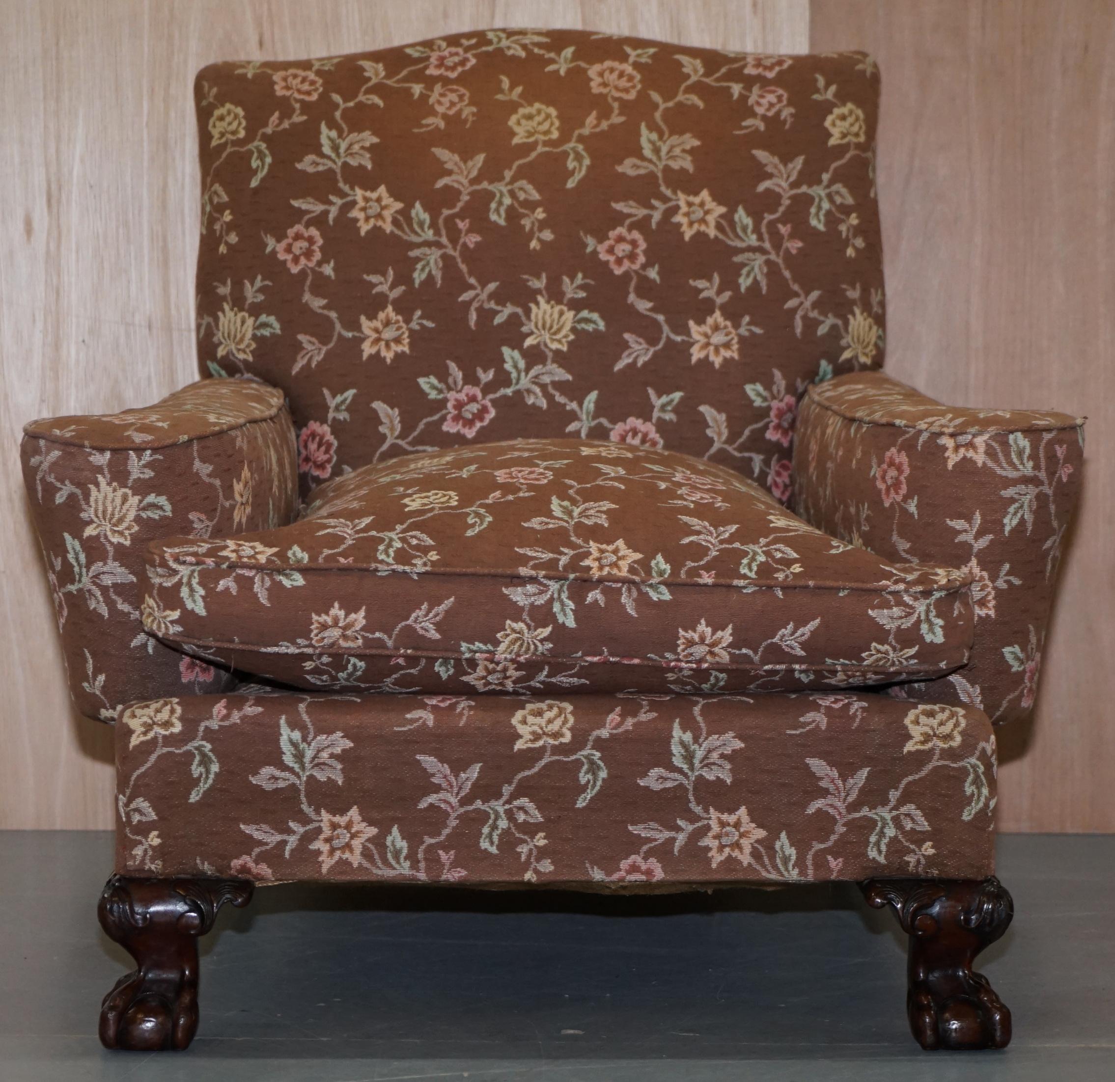Ww are delighted to offer for sale this stunning original Victorian circa 1880 mahogany framed Claw & Ball feet with floral upholstery Library Club armchair

A well made and decorative armchair which is very comfortable, the feather filled base