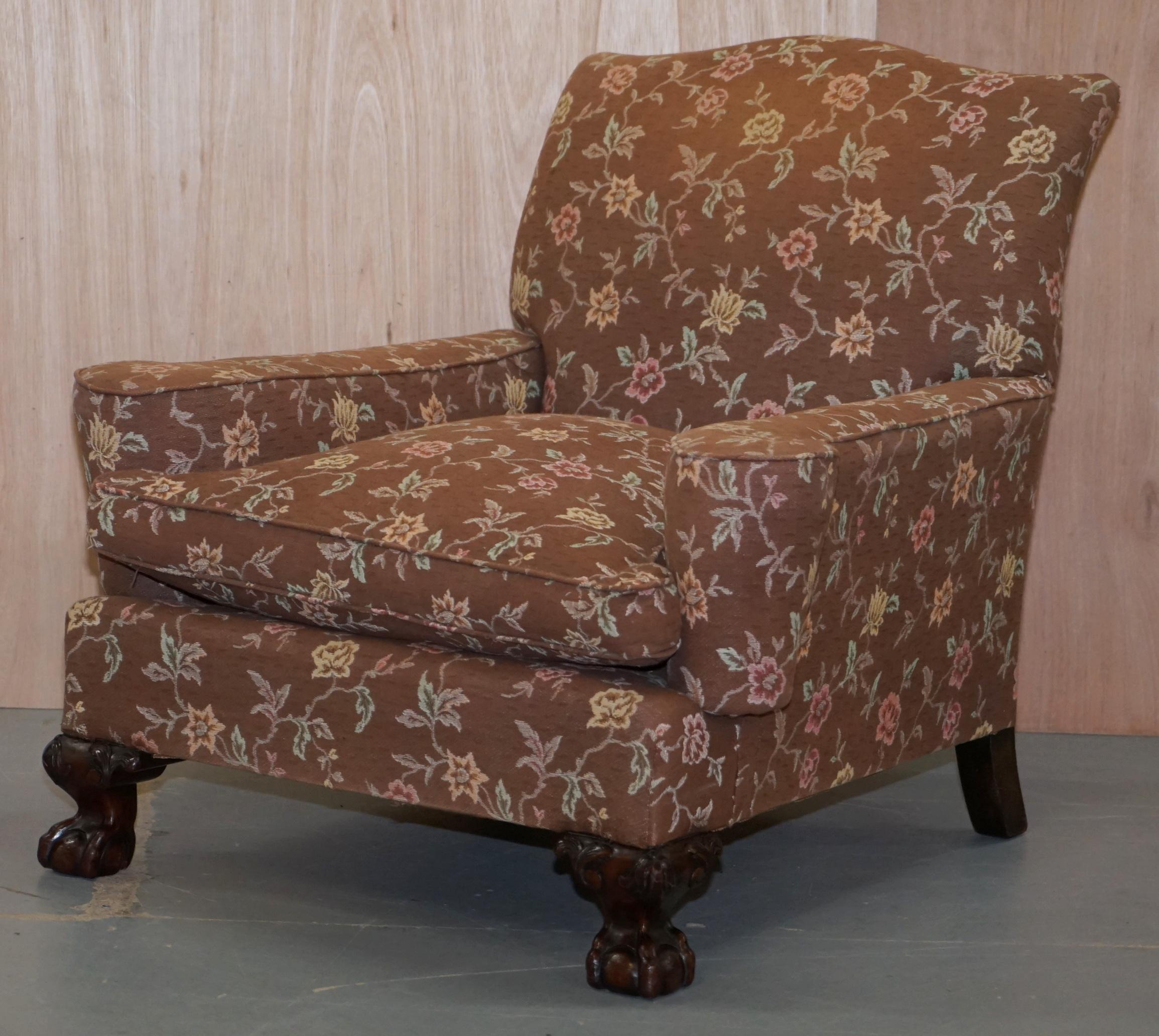 English Victorian Mahogany Frame Claw & Ball Feet Library Club Armchair Floral Upholster