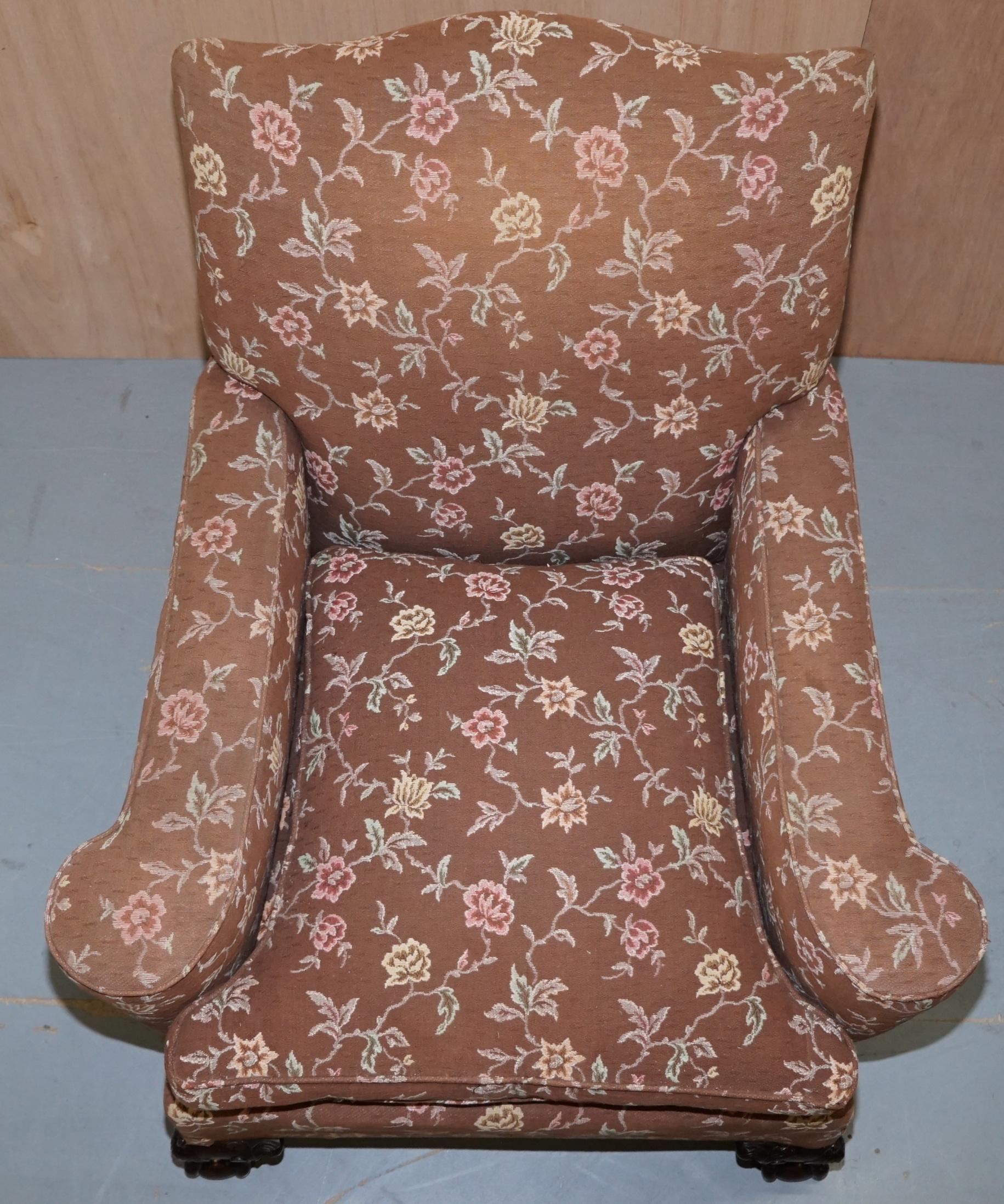 Hand-Carved Victorian Mahogany Frame Claw & Ball Feet Library Club Armchair Floral Upholster