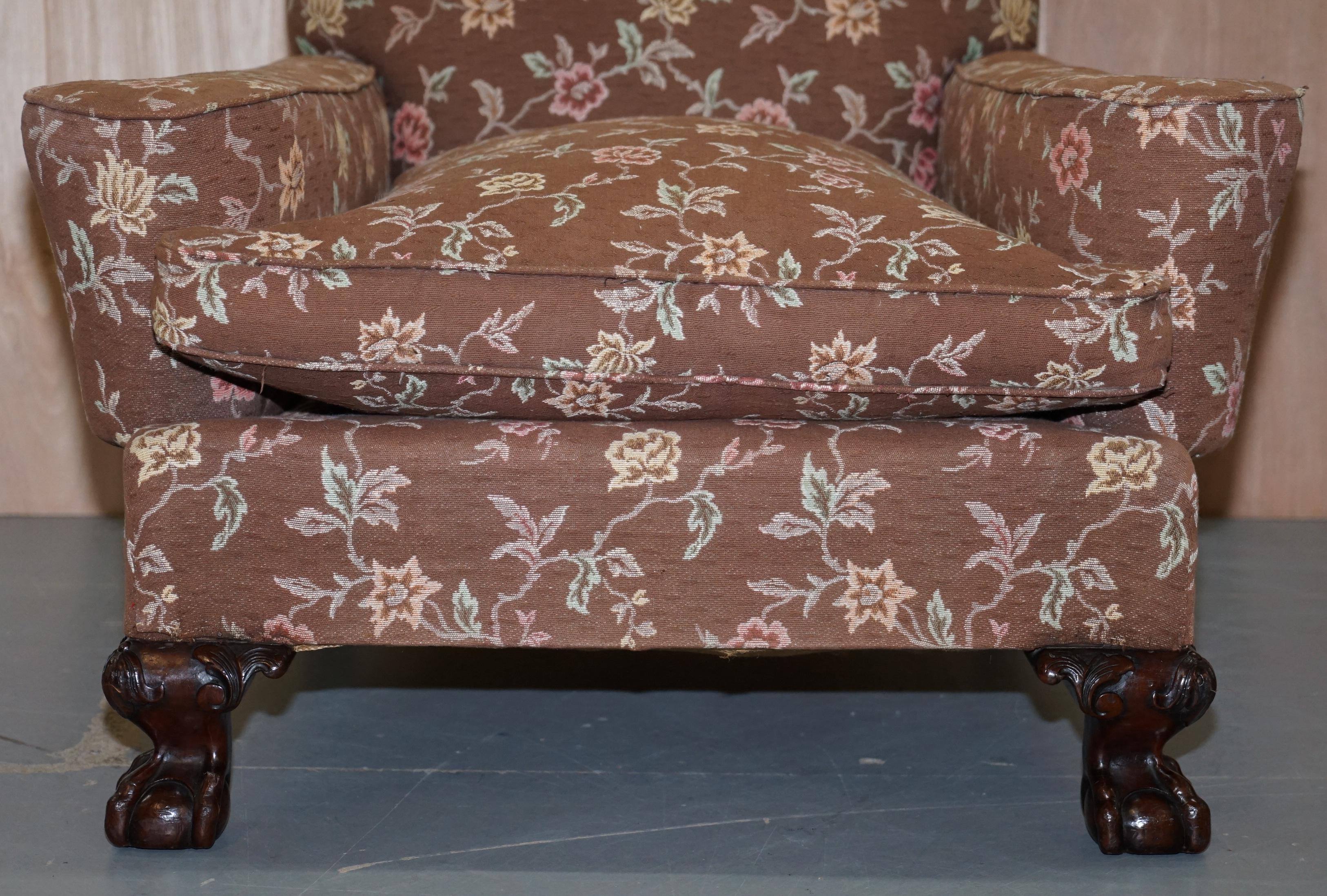 Victorian Mahogany Frame Claw & Ball Feet Library Club Armchair Floral Upholster 2