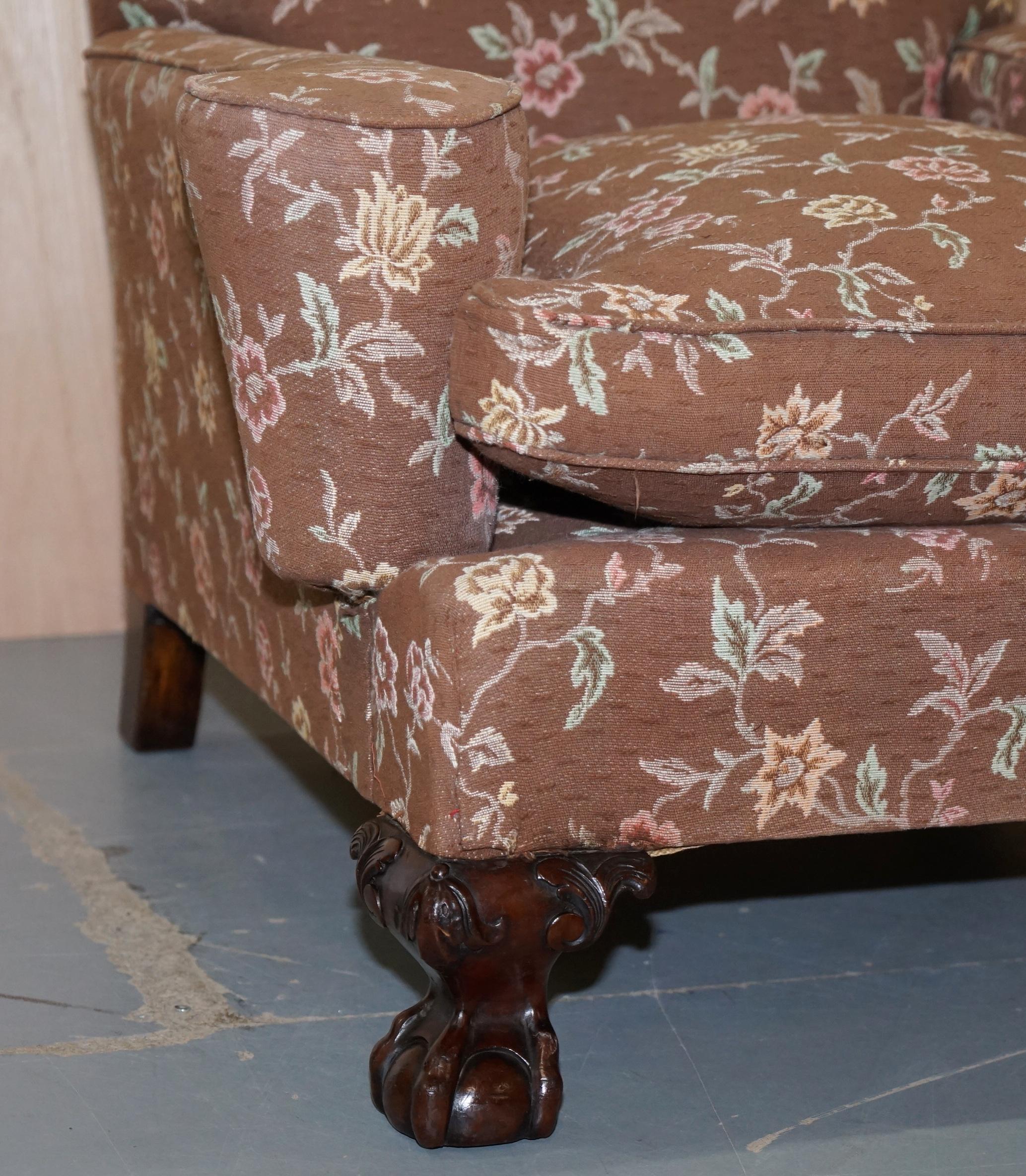Victorian Mahogany Frame Claw & Ball Feet Library Club Armchair Floral Upholster 3
