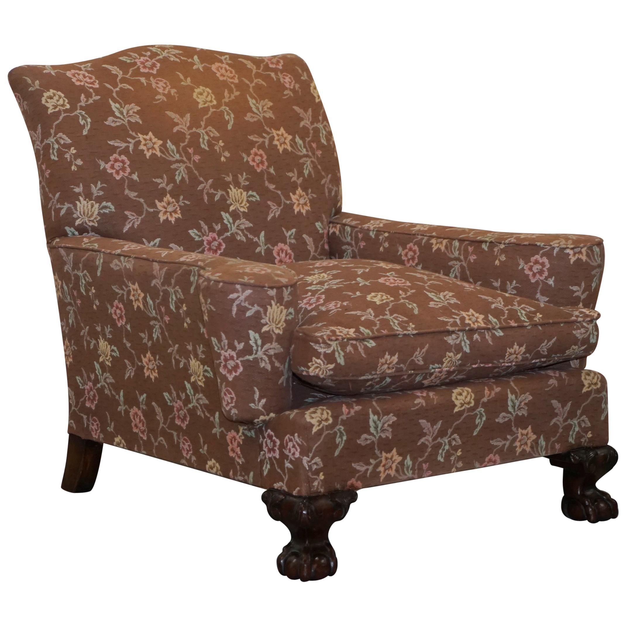 Victorian Mahogany Frame Claw & Ball Feet Library Club Armchair Floral Upholster