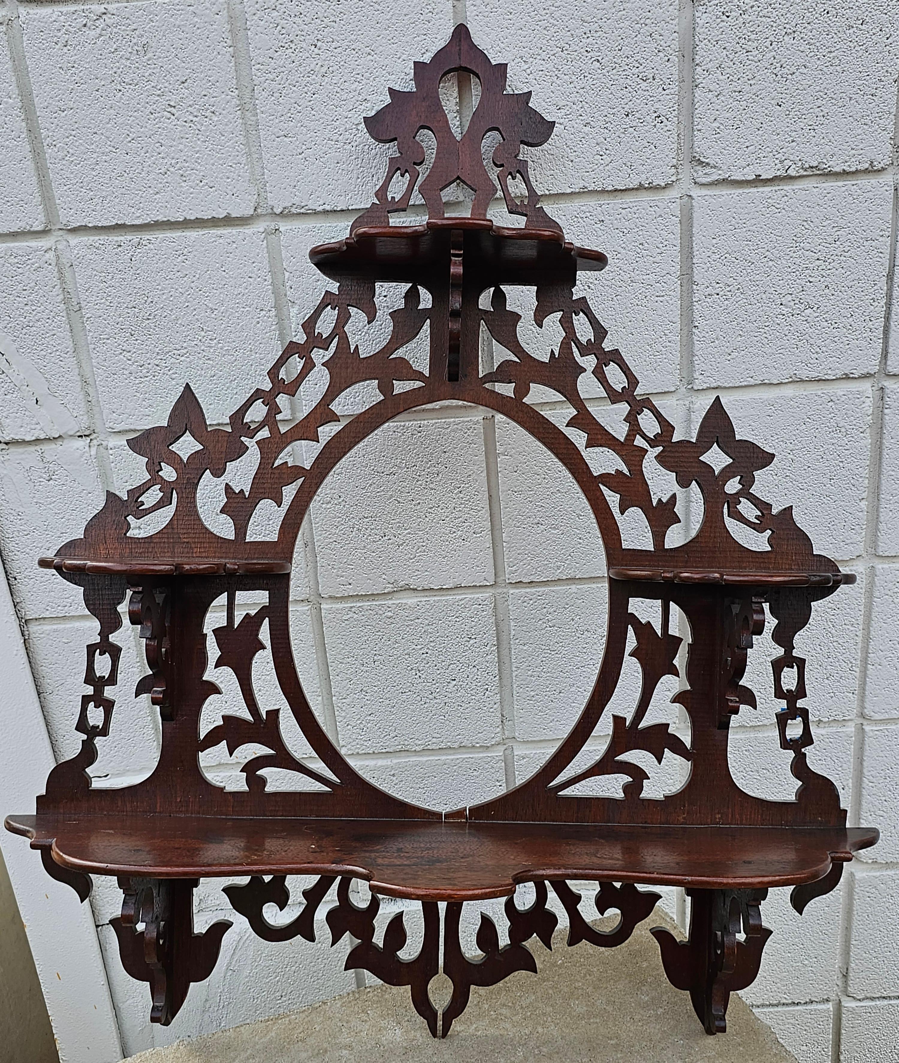 Carved Victorian Mahogany Fretwork Three Tier Wall Shelf Etagere For Sale
