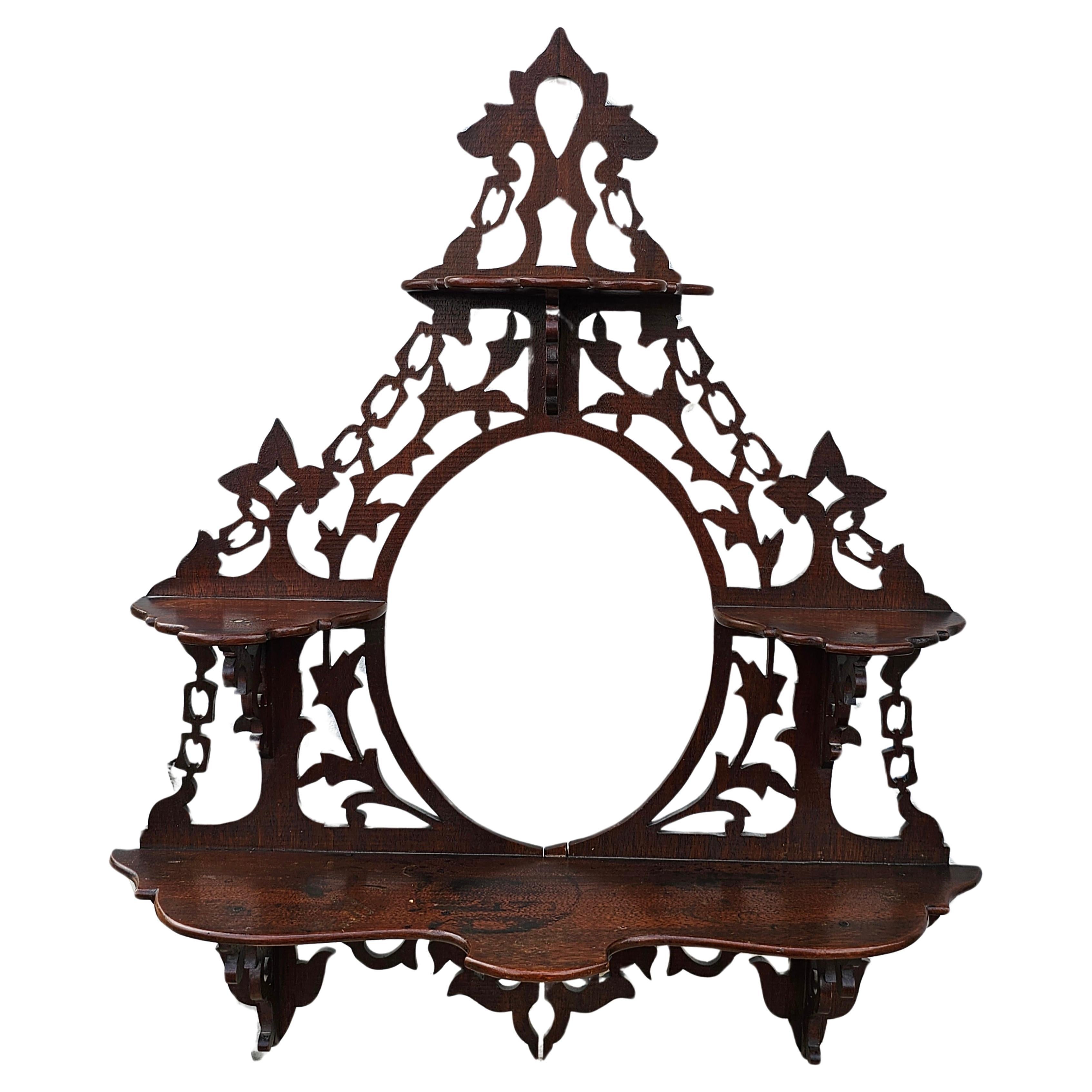 Victorian Mahogany Fretwork Three Tier Wall Shelf Etagere For Sale