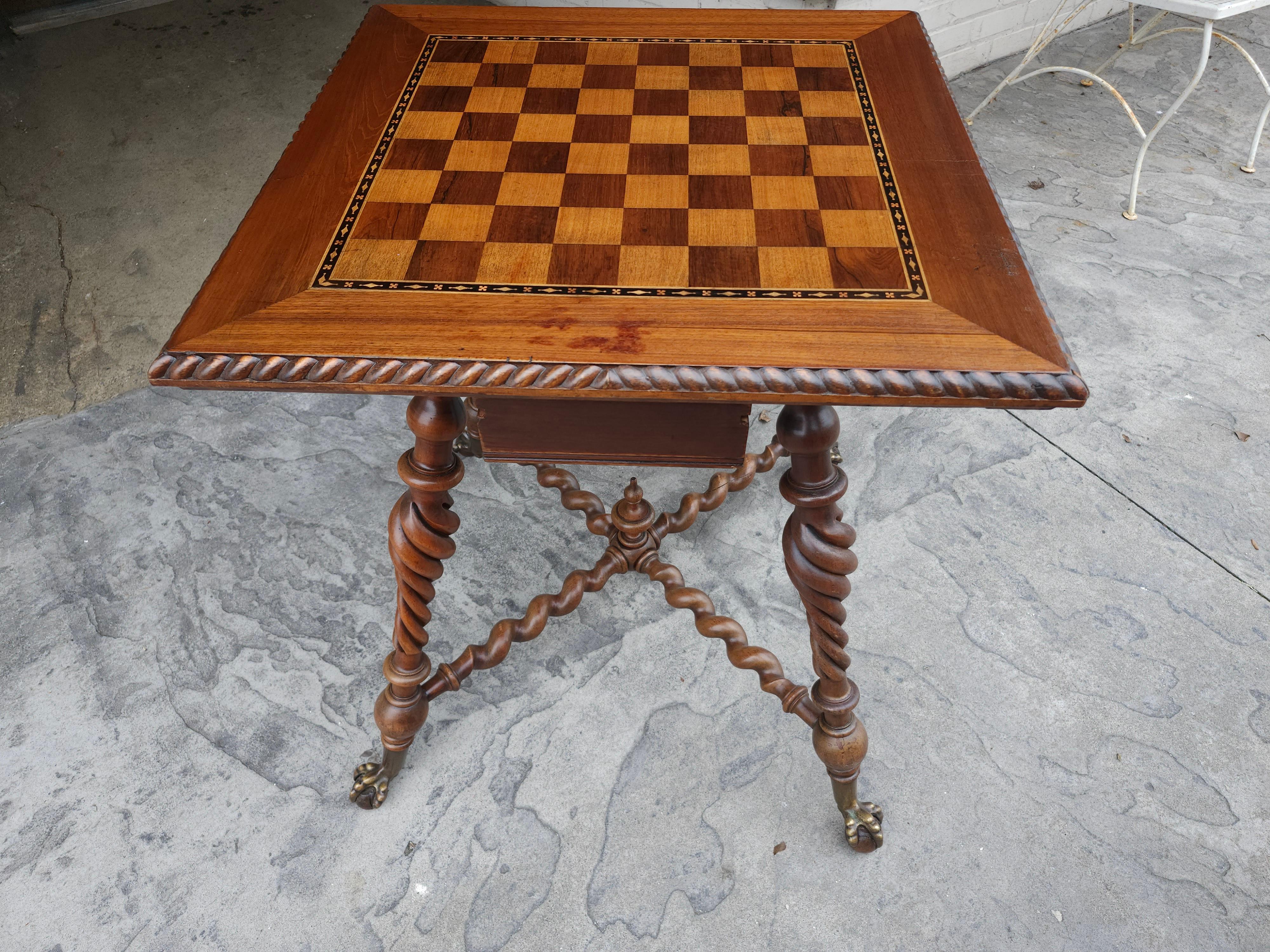 Late 19th Century Victorian Mahogany Game Chess Table with Inlay Banding & Barley Twist Legs C1880 For Sale