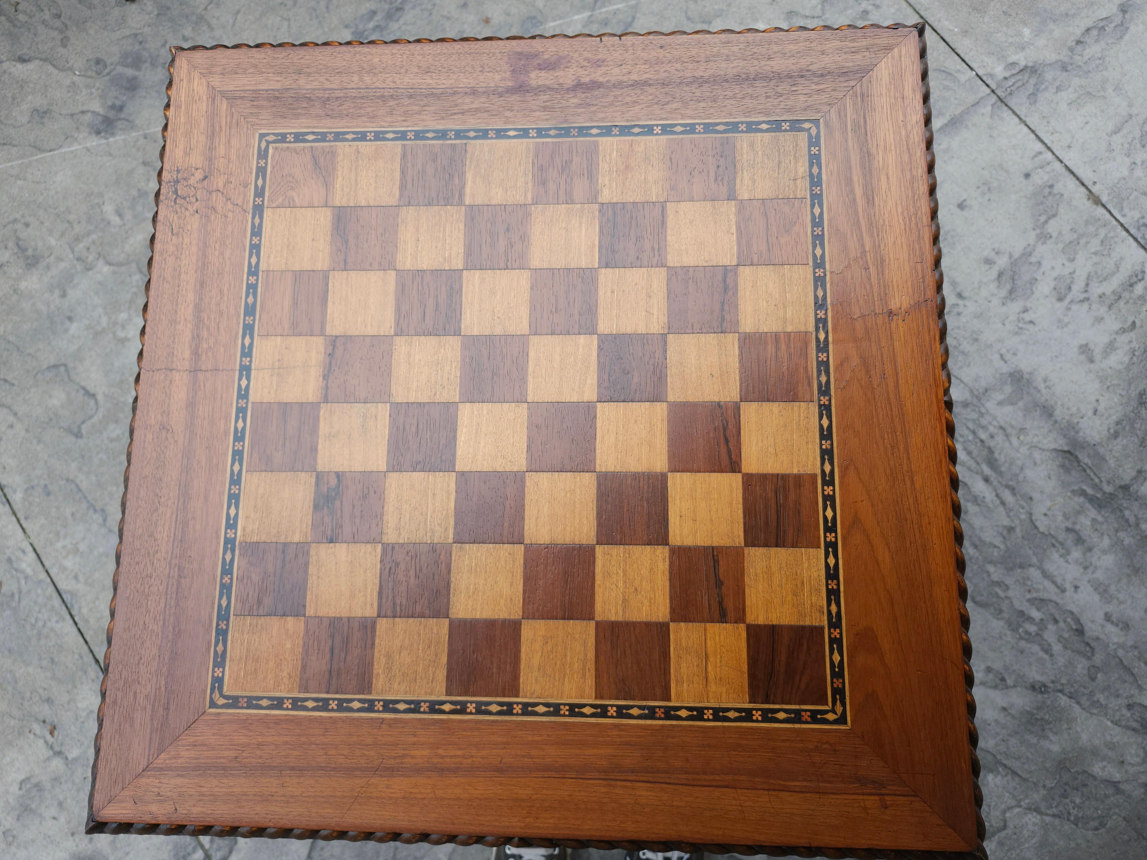 Brass Victorian Mahogany Game Chess Table with Inlay Banding & Barley Twist Legs C1880 For Sale