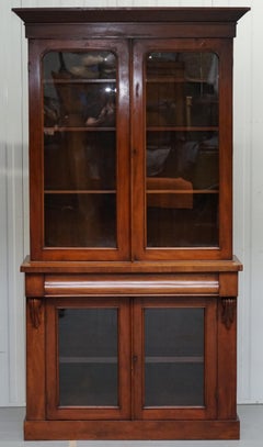 Victorian Mahogany Glass Doored Library Bookcase Cabinet with Single Drawer
