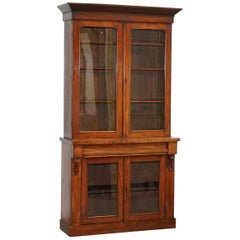 Antique Victorian Mahogany Glass Doored Library Bookcase Cabinet with Single Drawer