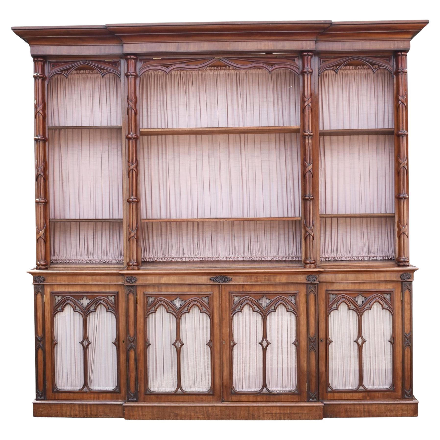 Victorian Mahogany Gothic Revival Puginstic Breakfront Bookcase