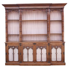 Antique Victorian Mahogany Gothic Revival Puginstic Breakfront Bookcase