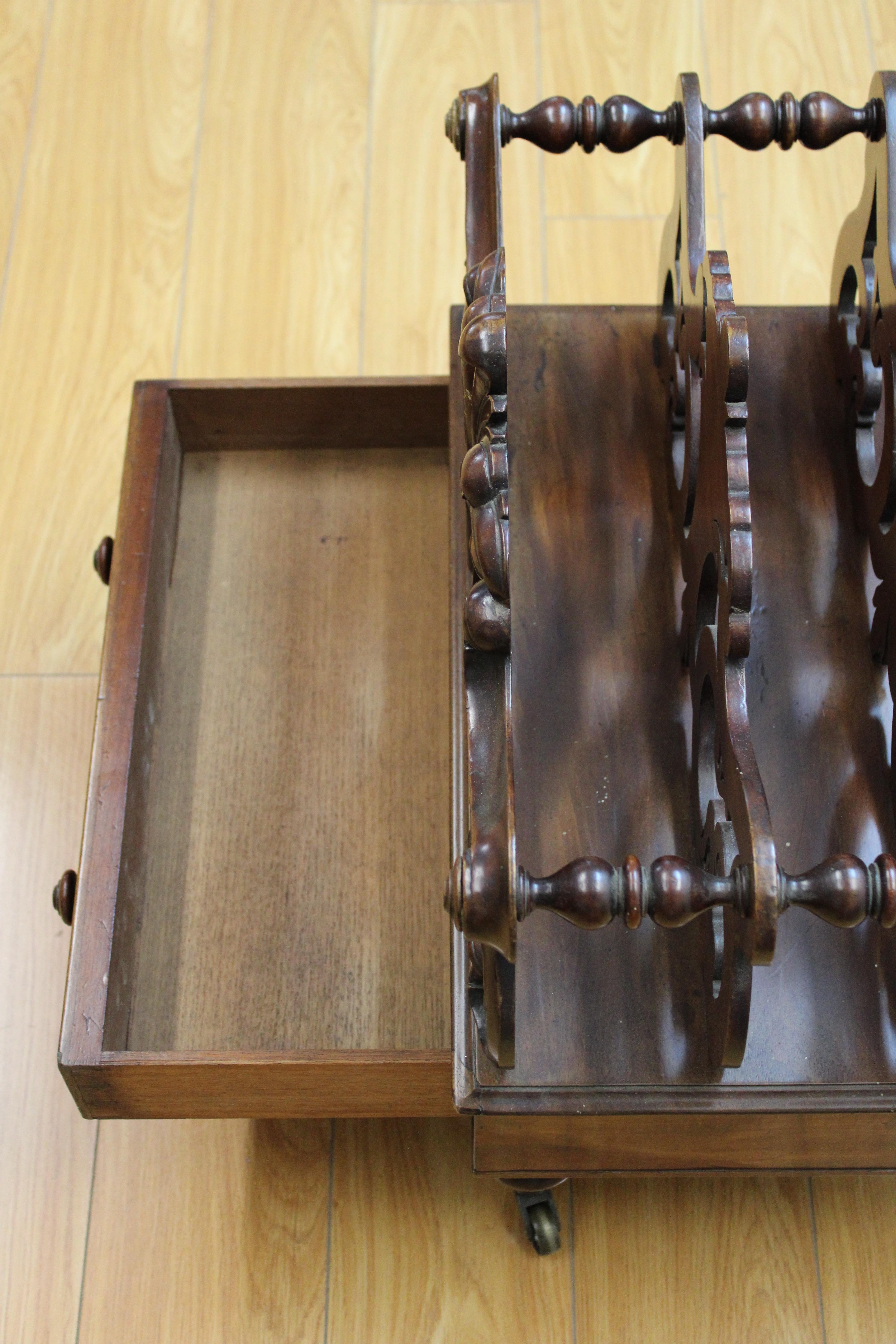 Victorian Mahogany Hand Carved Canterbury w/ Drawer  In Good Condition For Sale In San Francisco, CA