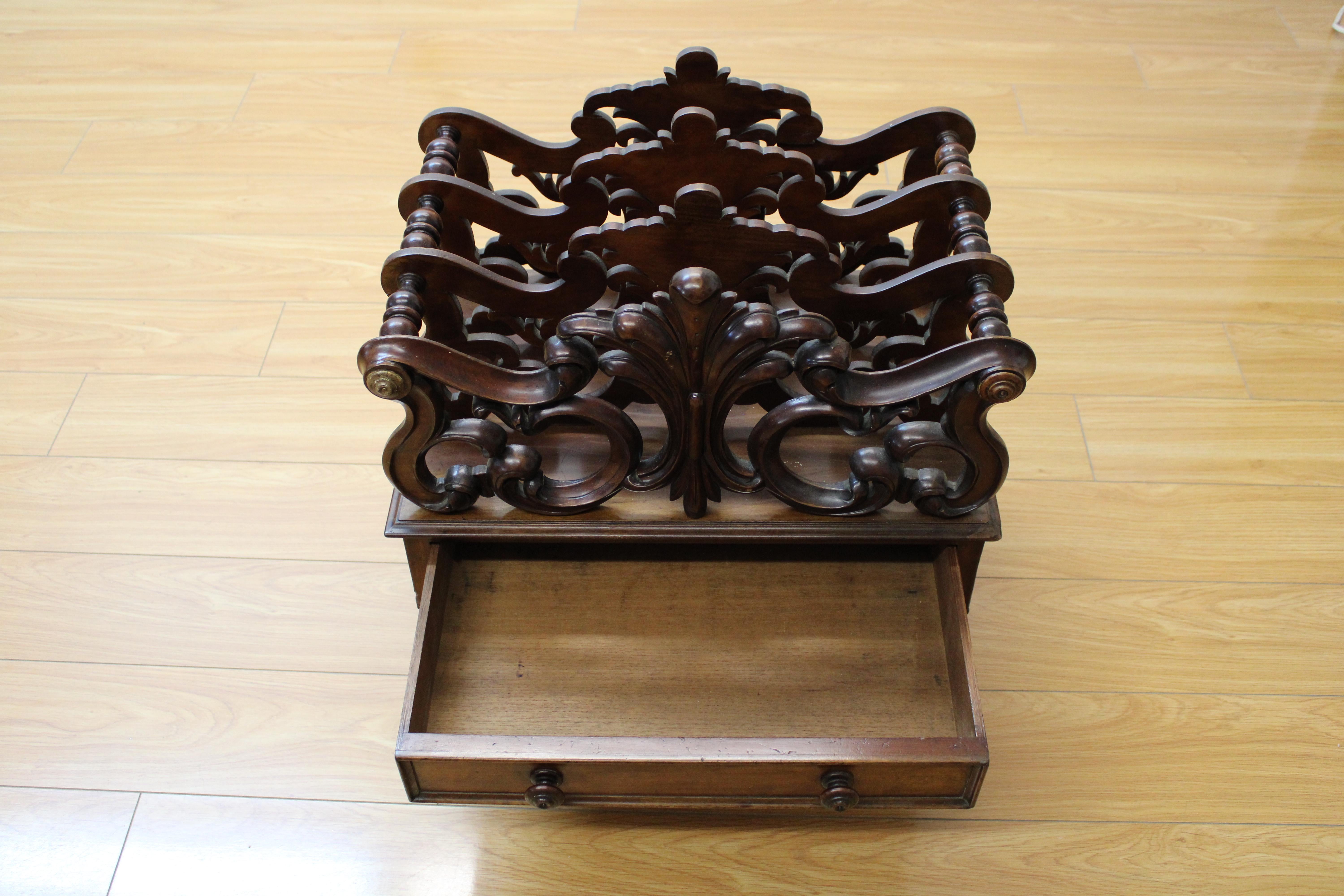20th Century Victorian Mahogany Hand Carved Canterbury w/ Drawer  For Sale
