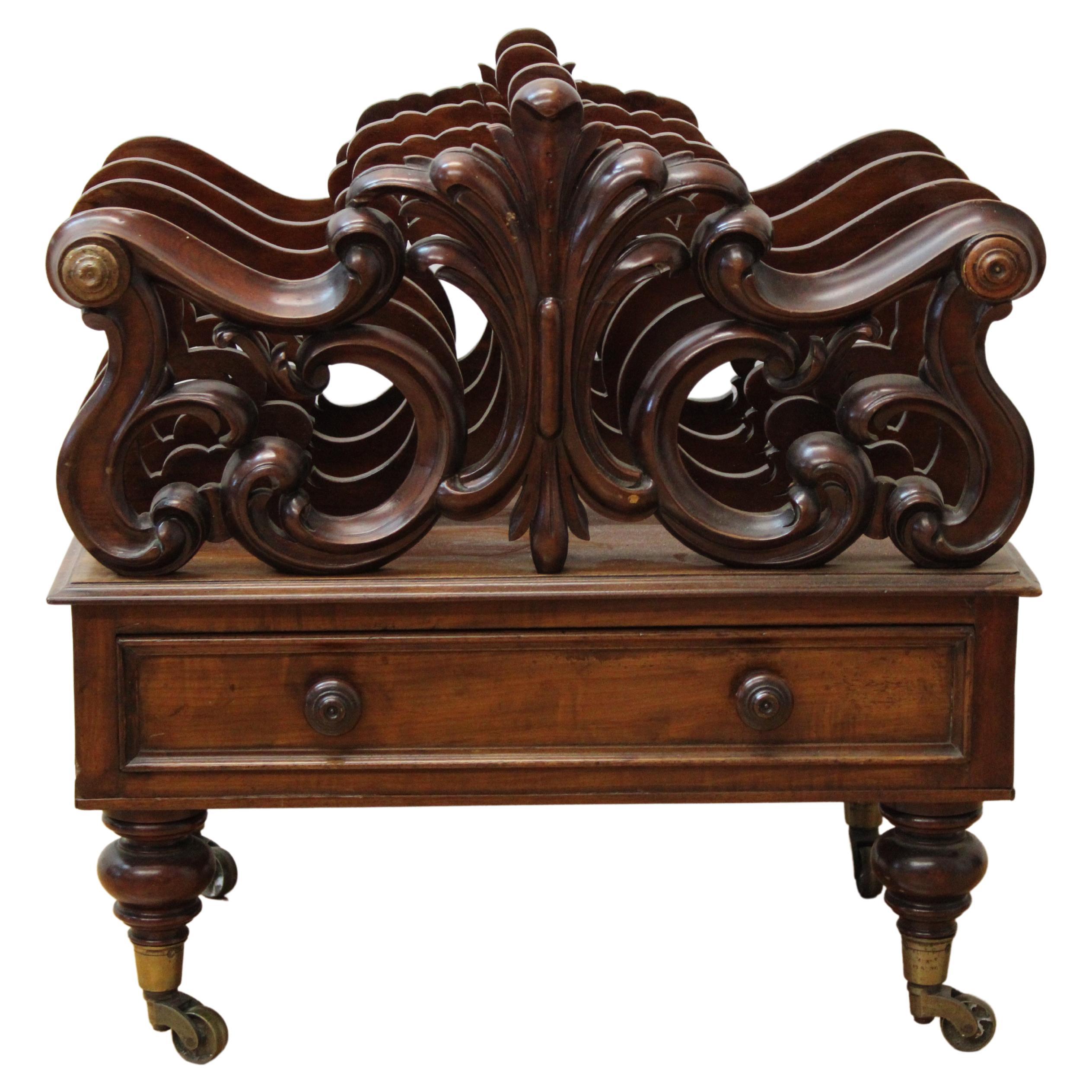 Victorian Mahogany Hand Carved Canterbury w/ Drawer  For Sale