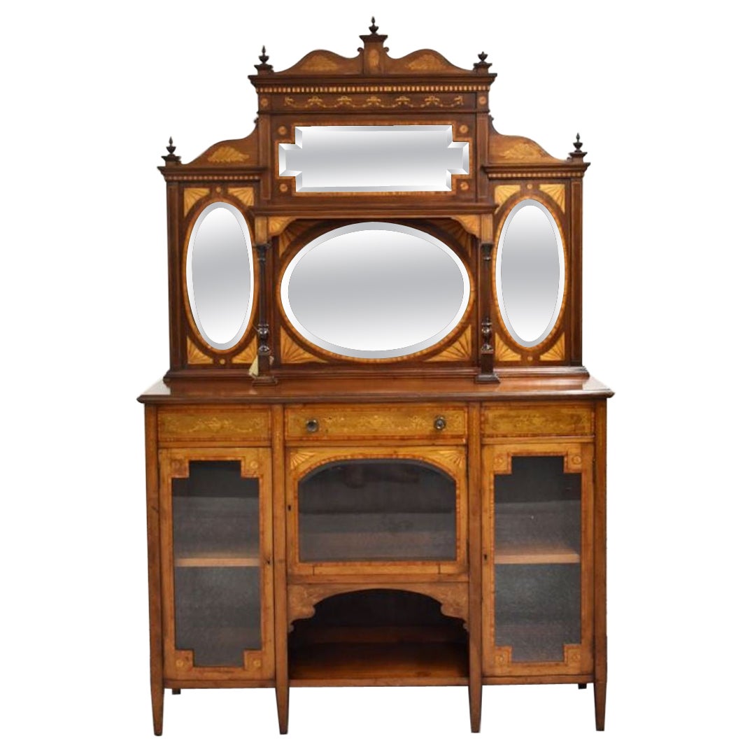 Credenza vittoriana in mogano intarsiato con schienale a specchio in vendita
