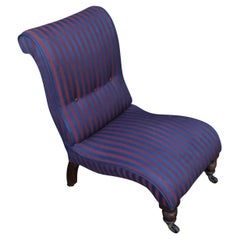 Antique Victorian Mahogany Low Slipper Chair With Red & Blue Striped Upholstery