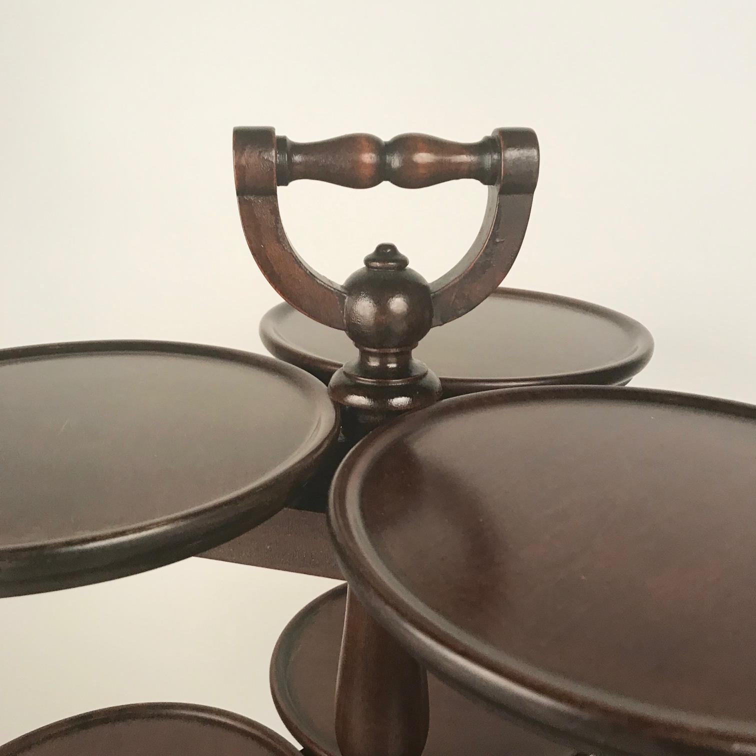 Victorian mahogany three-tier nine-tray plate stand with carrying handle, raised on three tapered feet. This is a very unusual form.